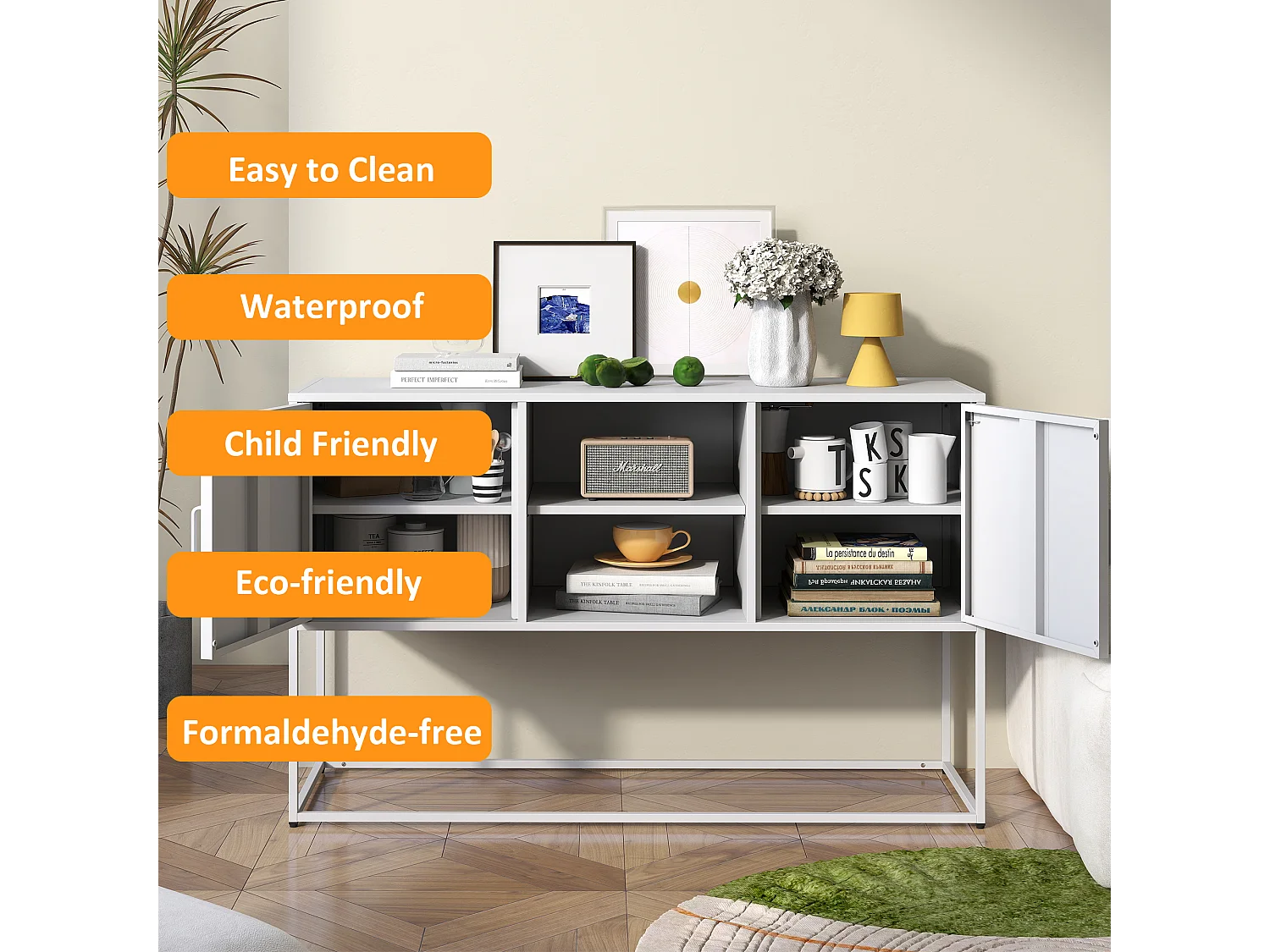 Buffet en métal, blanc, 120cm, avec 6 compartiments et portes magnétiques, pour salon, cuisine