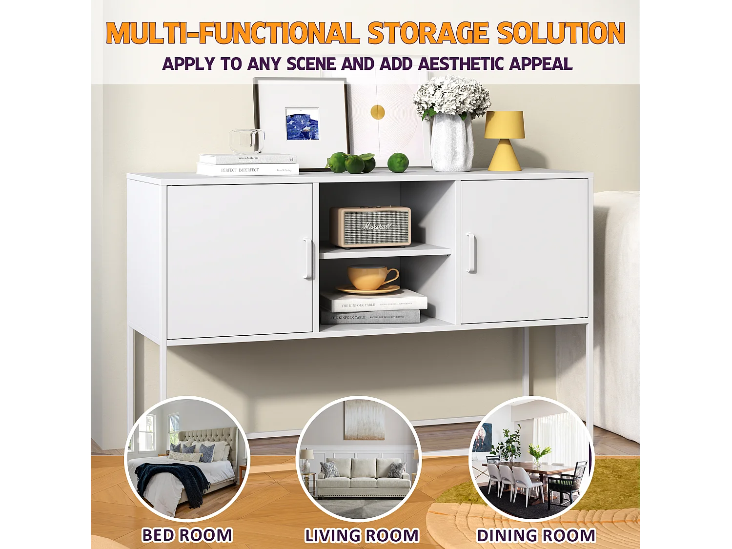 Buffet en métal, blanc, 120cm, avec 6 compartiments et portes magnétiques, pour salon, cuisine