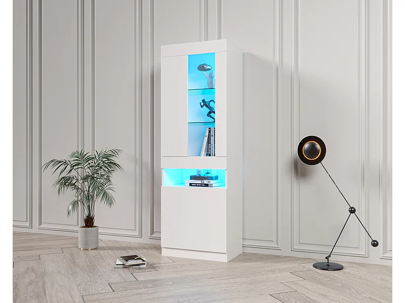 Vitrine LED 16 Couleurs, Meuble de Rangement, Buffet Moderne, Étagère avec Éclairage LED, Blanc