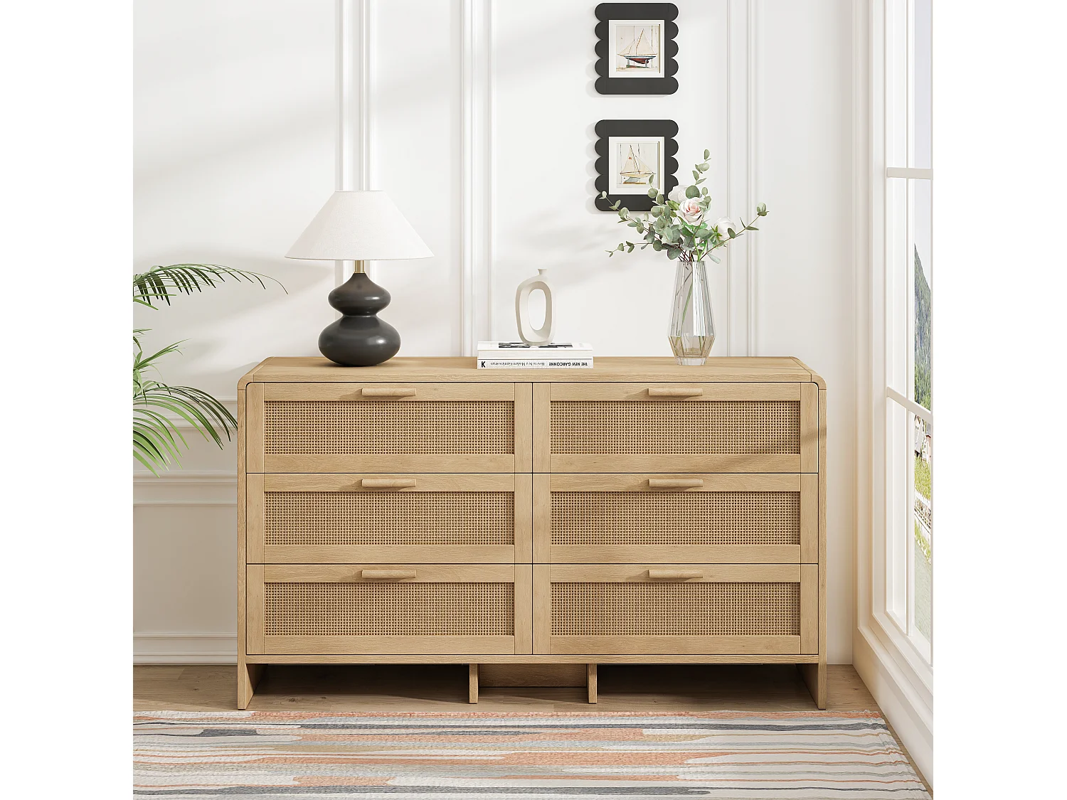 Mobile contenitore ad arco in rattan con 6 cassetti - per soggiorno, cucina - naturale