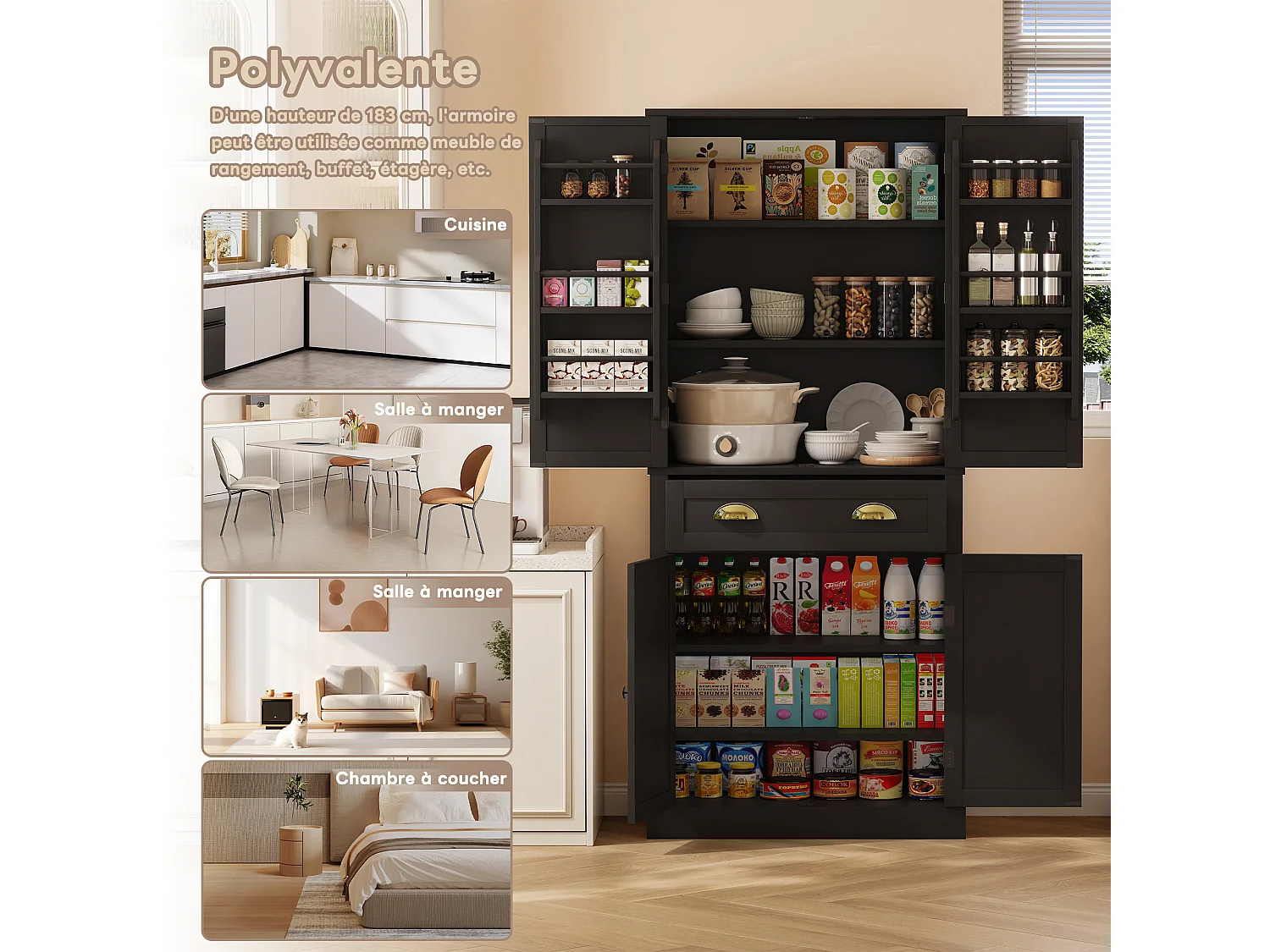 Zwarte opbergkast van 182 cm met 4 deuren en 1 lade, 6 vakken en verstelbare planken