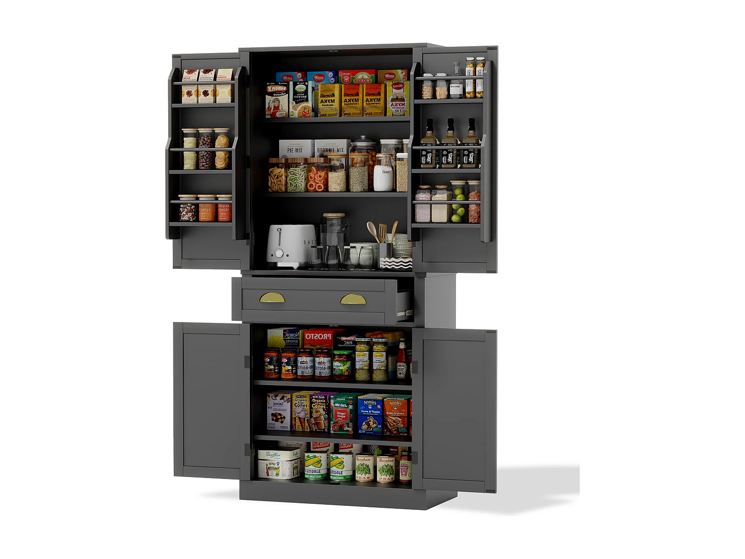 Zwarte opbergkast van 182 cm met 4 deuren en 1 lade, 6 vakken en verstelbare planken