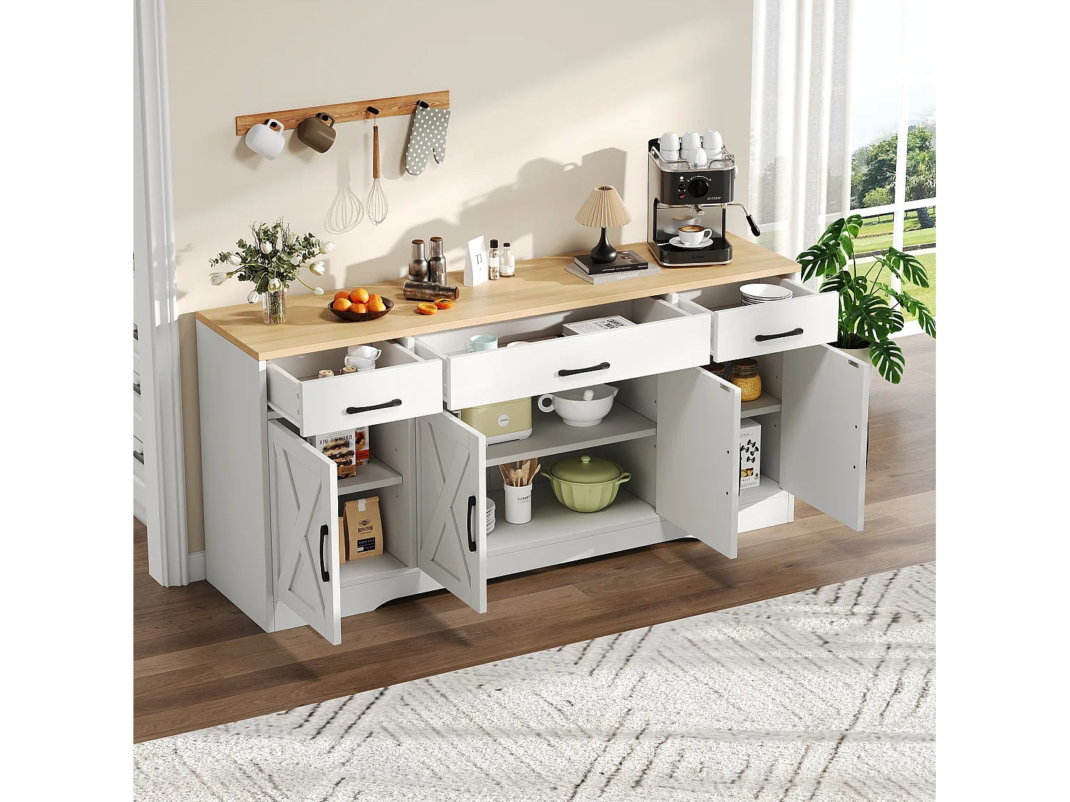 Aparador de 140 cm para cozinha, sala de jantar, com espaço de armazenamento, ideal para sala de estar e cozinha, na cor branca.