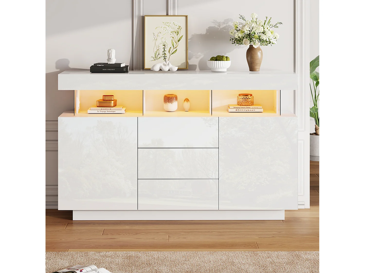 Buffet Salon, 2 Portes et 3 Tiroirs, avec LED, pour Salle à Manger, Entrée, 140x35x80cm, Blanc