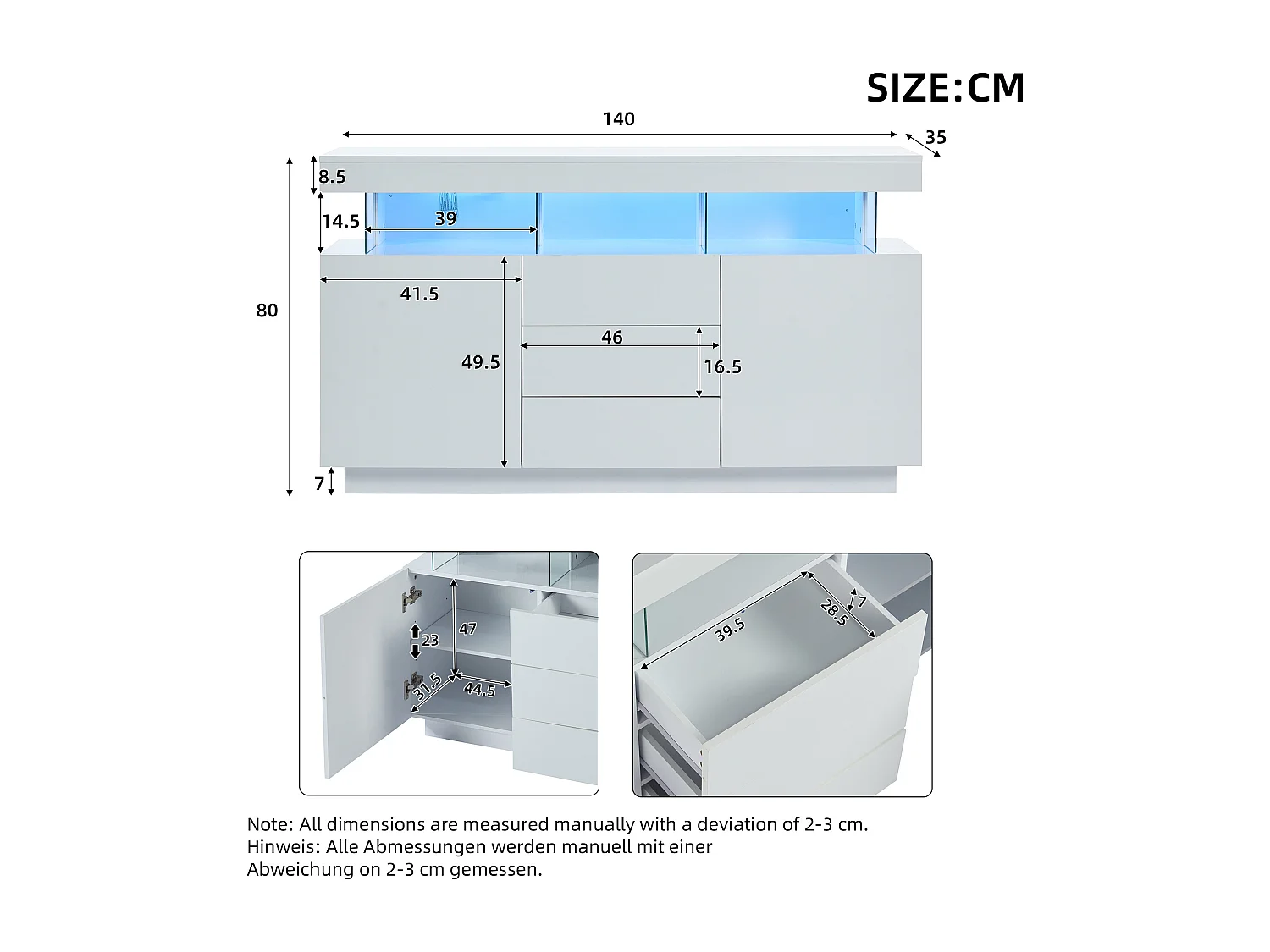 Buffet Salon, 2 Portes et 3 Tiroirs, avec LED, pour Salle à Manger, Entrée, 140x35x80cm, Blanc