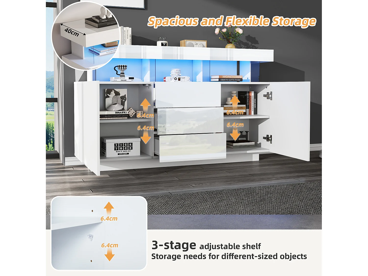 Buffet Salon, 2 Portes et 3 Tiroirs, avec LED, pour Salle à Manger, Entrée, 140x35x80cm, Blanc