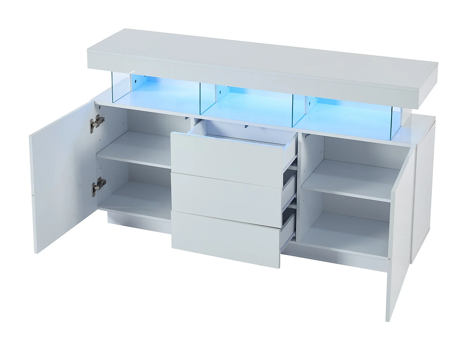 Buffet Salon, 2 Portes et 3 Tiroirs, avec LED, pour Salle à Manger, Entrée, 140x35x80cm, Blanc
