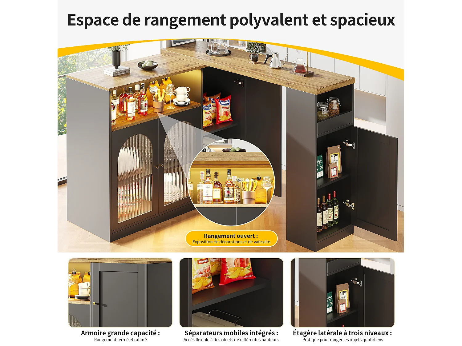 Buffet giratório 360°, 198 x 39,6 x 97 cm, preto, acabamento em madeira, porta de vidro com iluminação LED.