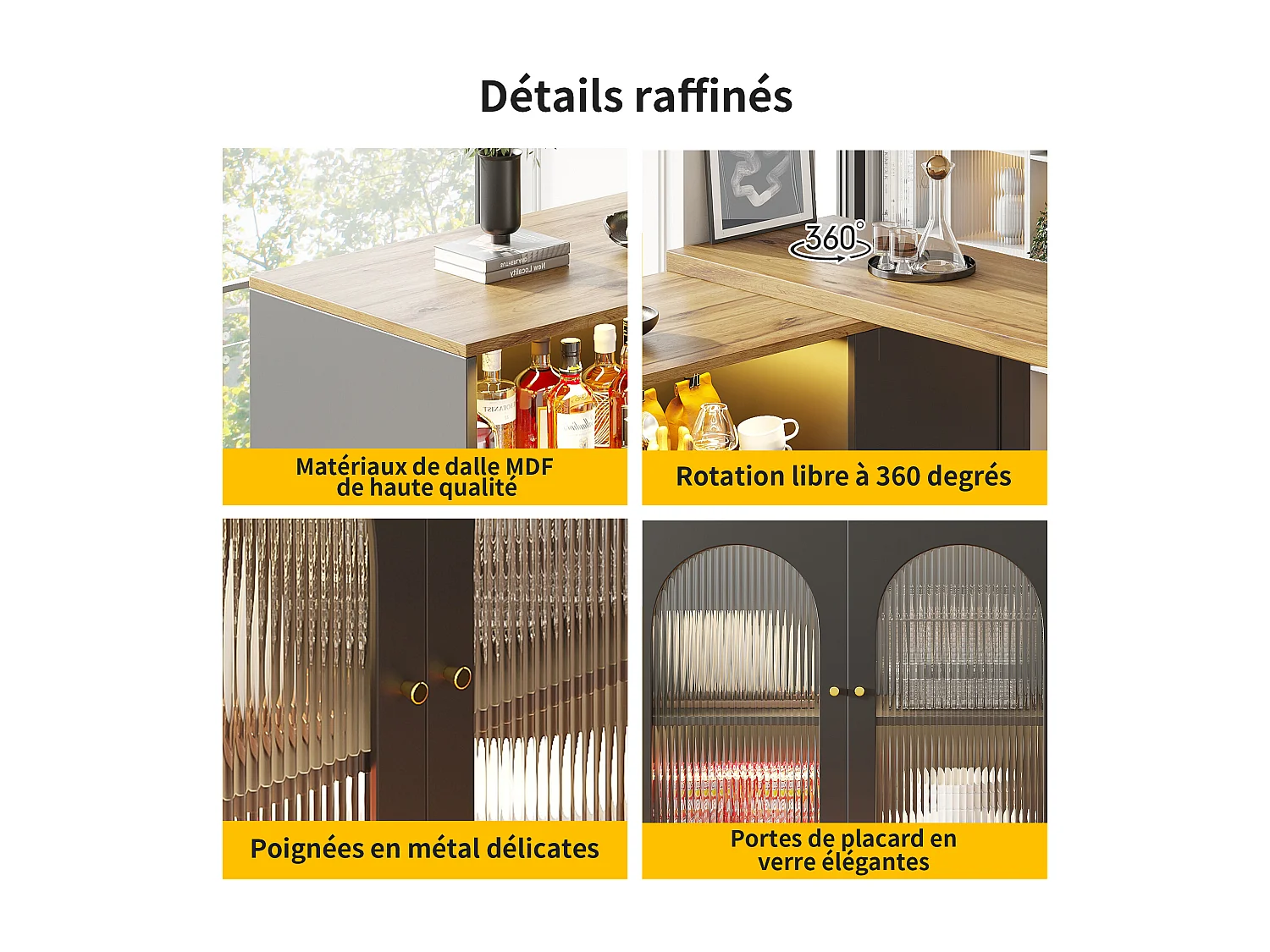 Buffet giratório 360°, 198 x 39,6 x 97 cm, preto, acabamento em madeira, porta de vidro com iluminação LED.