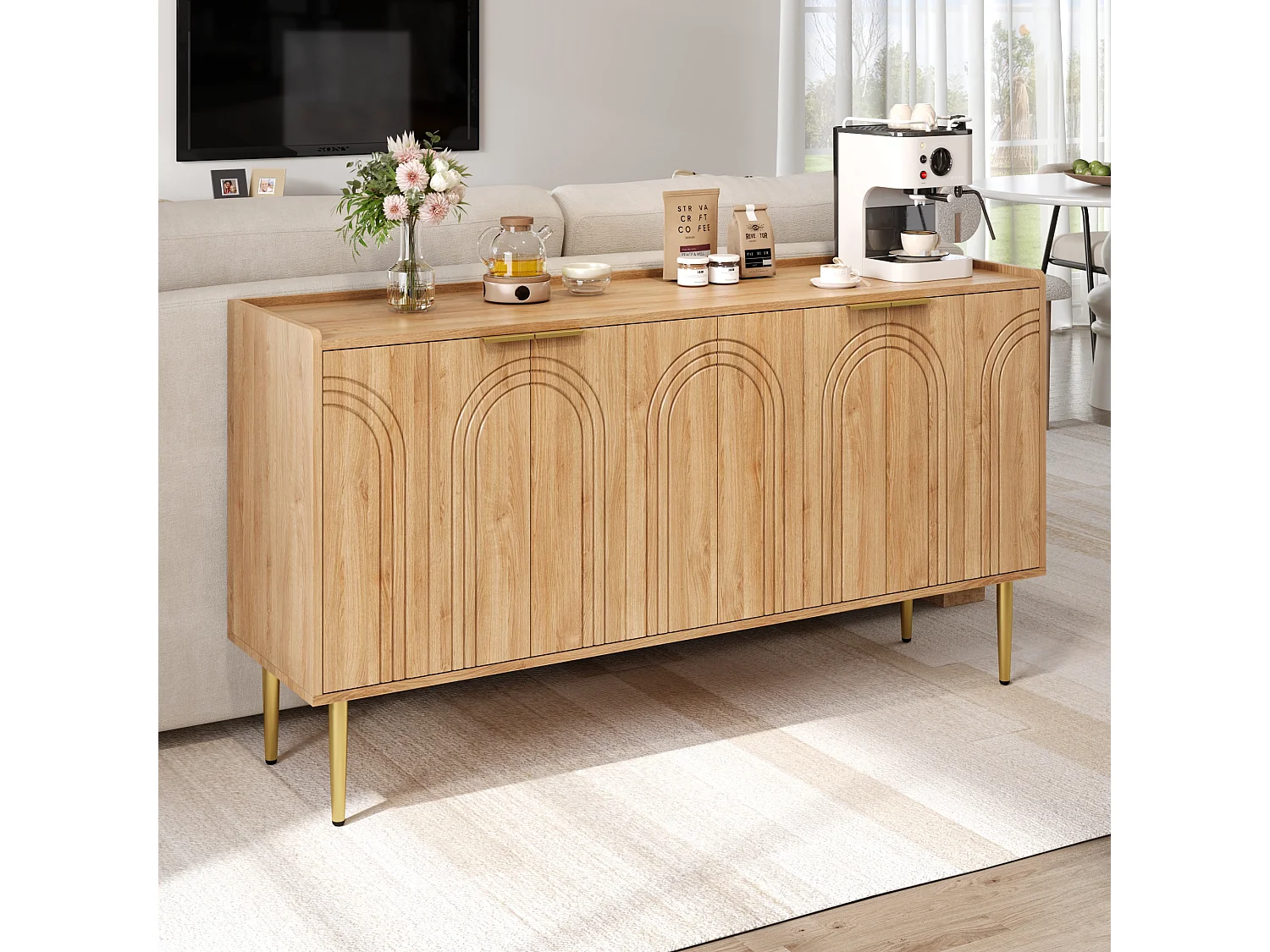 Vierdeurs dressoir met goudkleurige metalen poten, gemaakt van natuurlijk hout, 140 x 75 x 38 cm, voor keuken of woonkamer