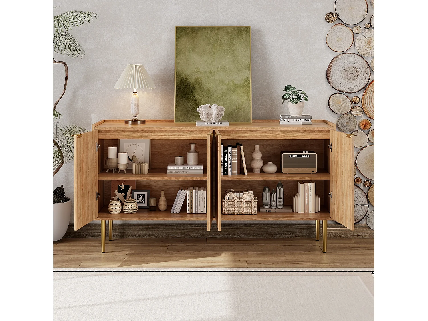 Vierdeurs dressoir met goudkleurige metalen poten, gemaakt van natuurlijk hout, 140 x 75 x 38 cm, voor keuken of woonkamer