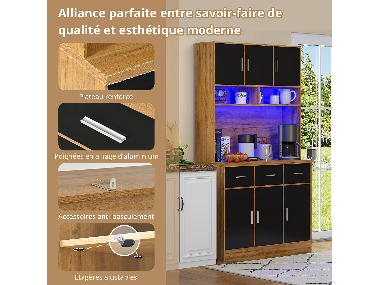 Aparador multifuncional 100×40×180 cm com iluminação LED, gavetas, prateleiras ajustáveis, para sala de estar, cozinha, preto