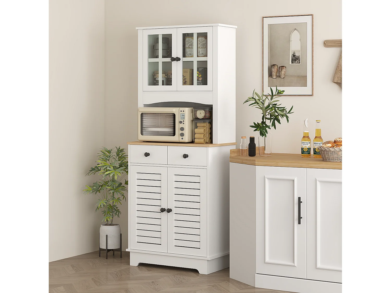 Aparador de cozinha com 2 gavetas e portas de vidro, espaço para guardar louça, 68 x 39,5 x 170 cm, branco