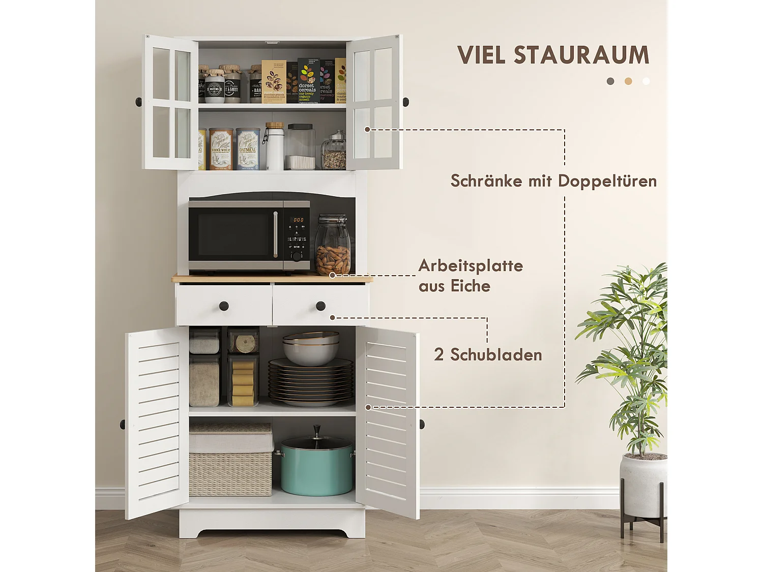 Aparador de cozinha com 2 gavetas e portas de vidro, espaço para guardar louça, 68 x 39,5 x 170 cm, branco