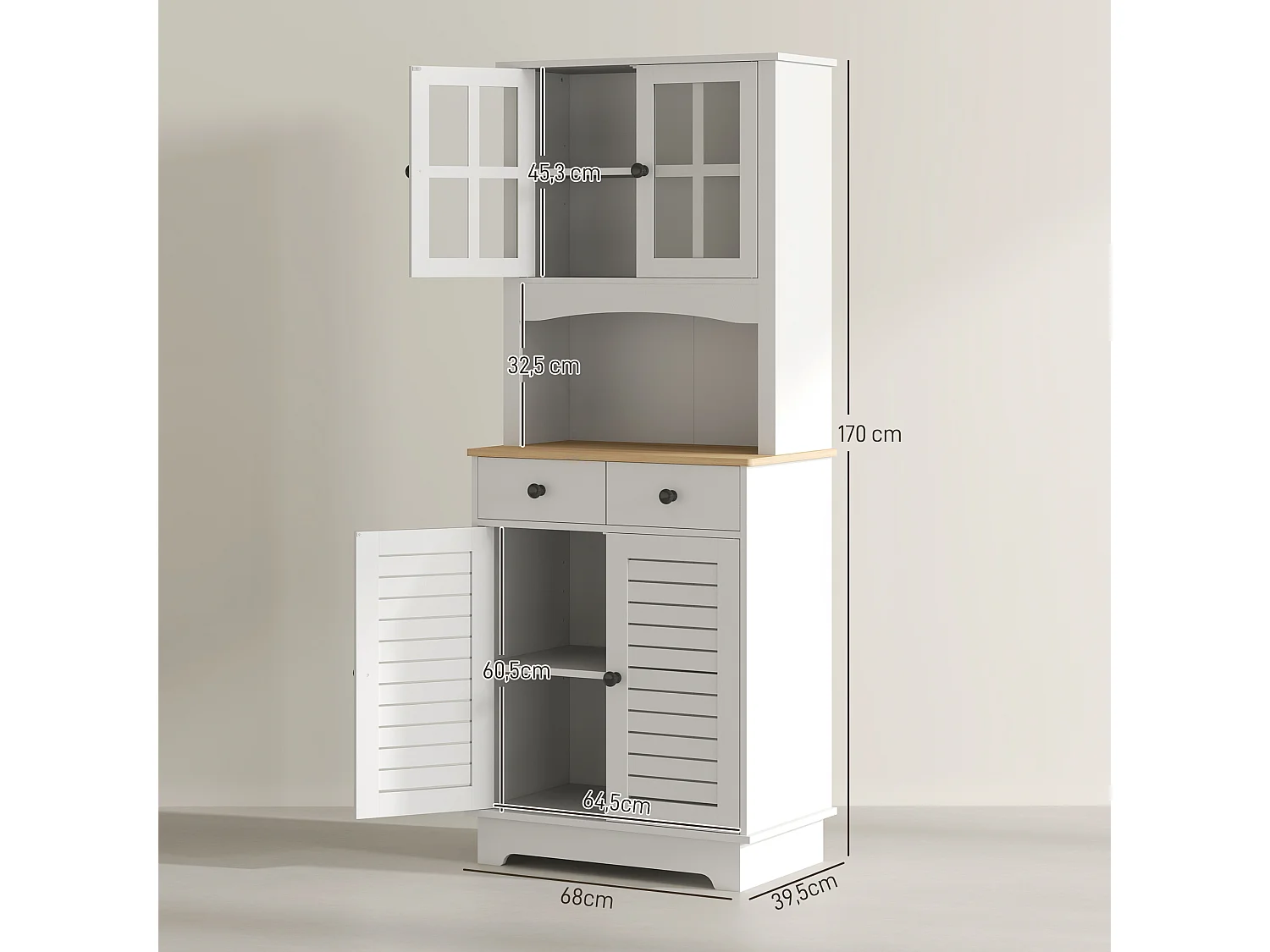 Aparador de cozinha com 2 gavetas e portas de vidro, espaço para guardar louça, 68 x 39,5 x 170 cm, branco