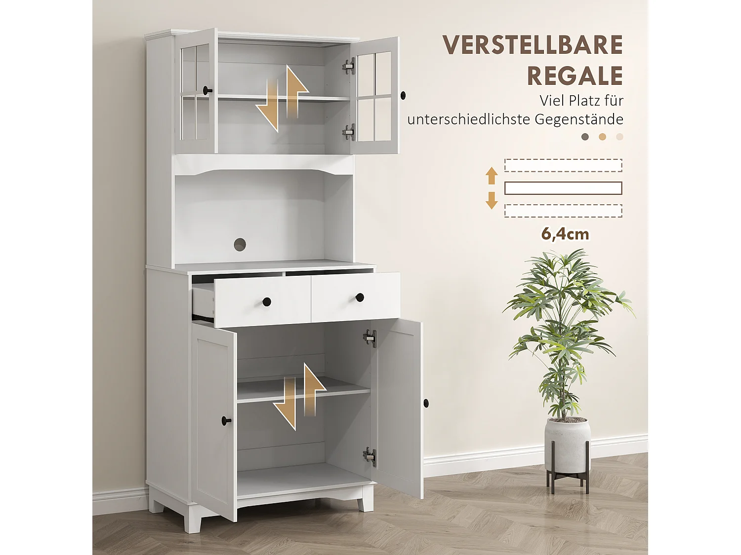 Aparador de cozinha com 2 gavetas e portas de vidro, espaço para guardar louça, 68 x 39,5 x 170 cm, branco