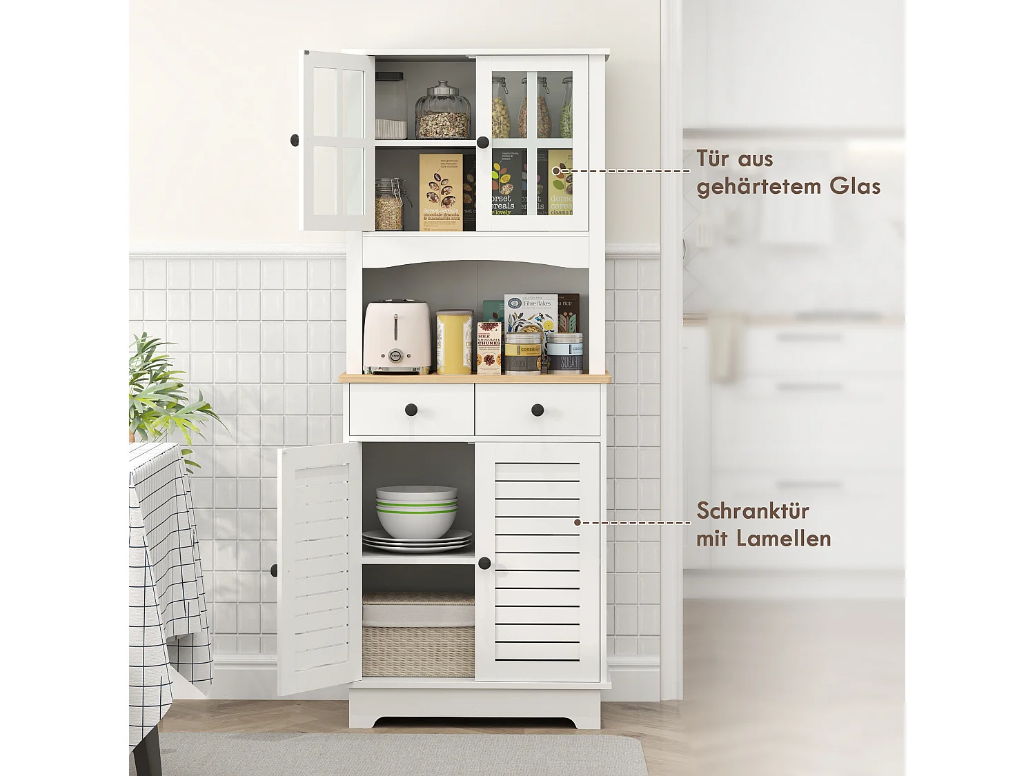 Aparador de cozinha com 2 gavetas e portas de vidro, espaço para guardar louça, 68 x 39,5 x 170 cm, branco