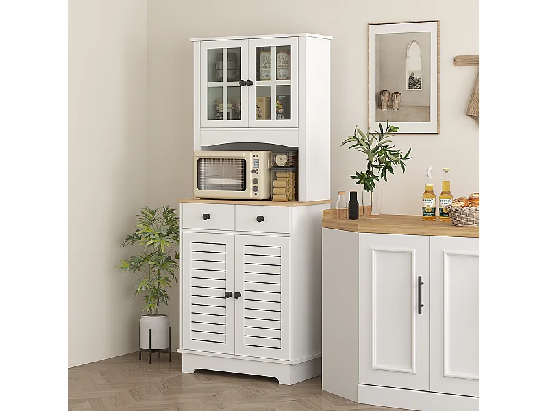 Aparador de cozinha com 2 gavetas e portas de vidro, espaço para guardar louça, 68 x 39,5 x 170 cm, branco