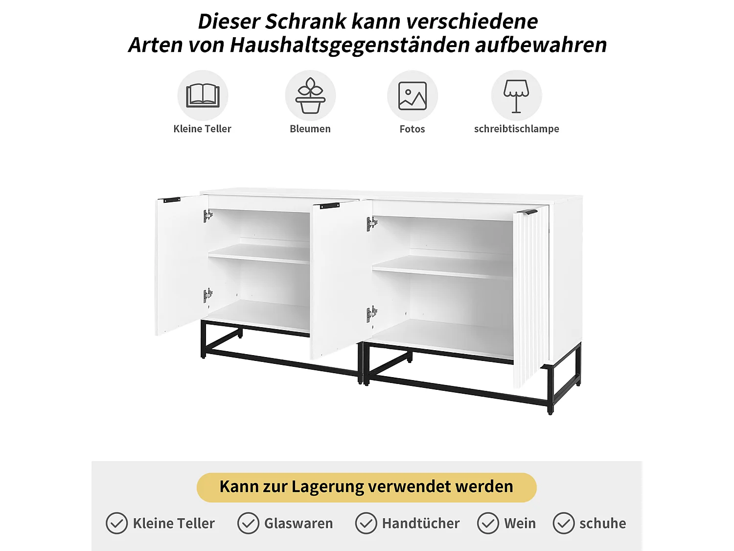 Buffet - Commode à 4 portes - pour salon, chambre à coucher, cuisine - 160 x 40 x 80 cm, Blanc