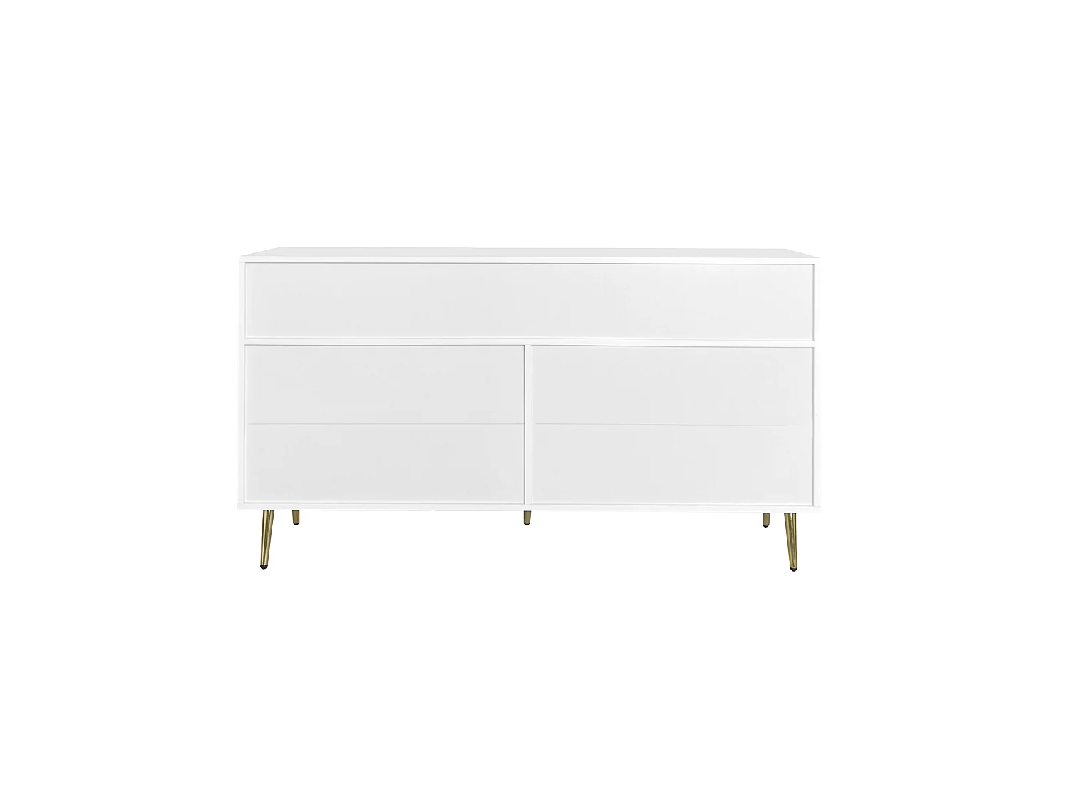 Aparador branco com 7 gavetas, puxadores e pés dourados, 140 x 35 x 76 cm, para cozinha e sala de jantar.