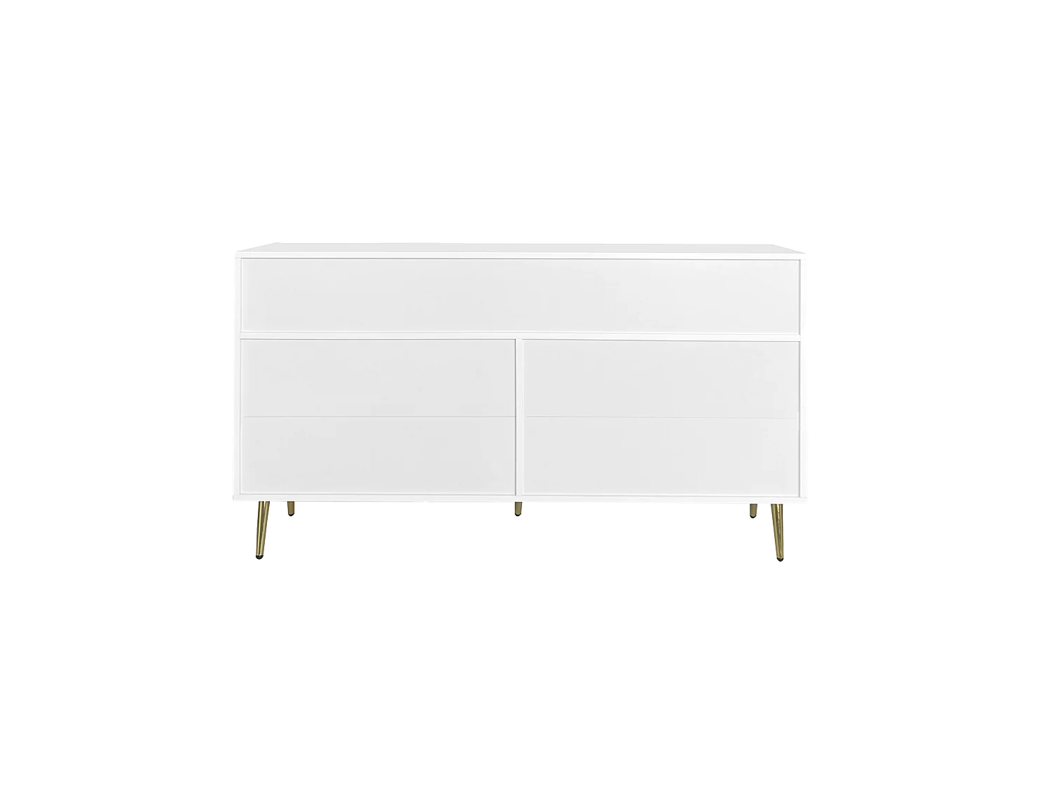 Buffet Blanc, 7 Tiroirs, Poignées et Pieds Dorés, 140 x 35 x 76 cm, pour Cuisine et Salle à Manger