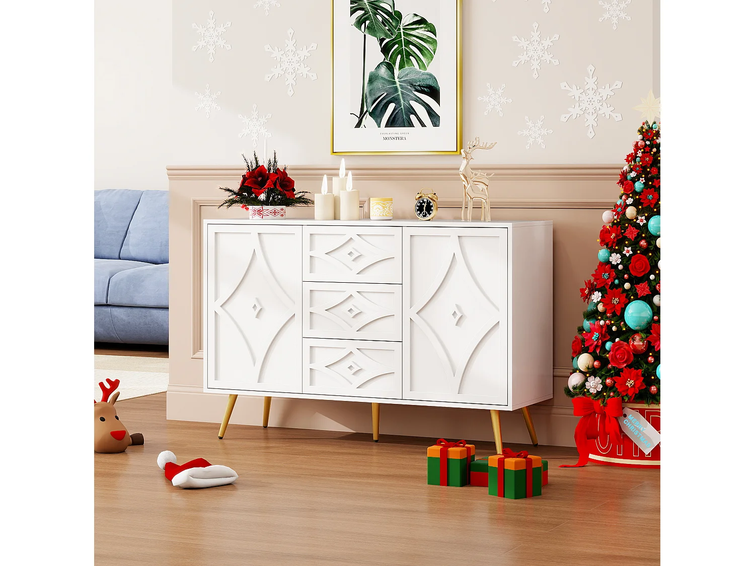 Aparador elegante branco, 120 x 40 x 80 cm, 3 gavetas, 2 portas, pés dourados, padrão diamante.