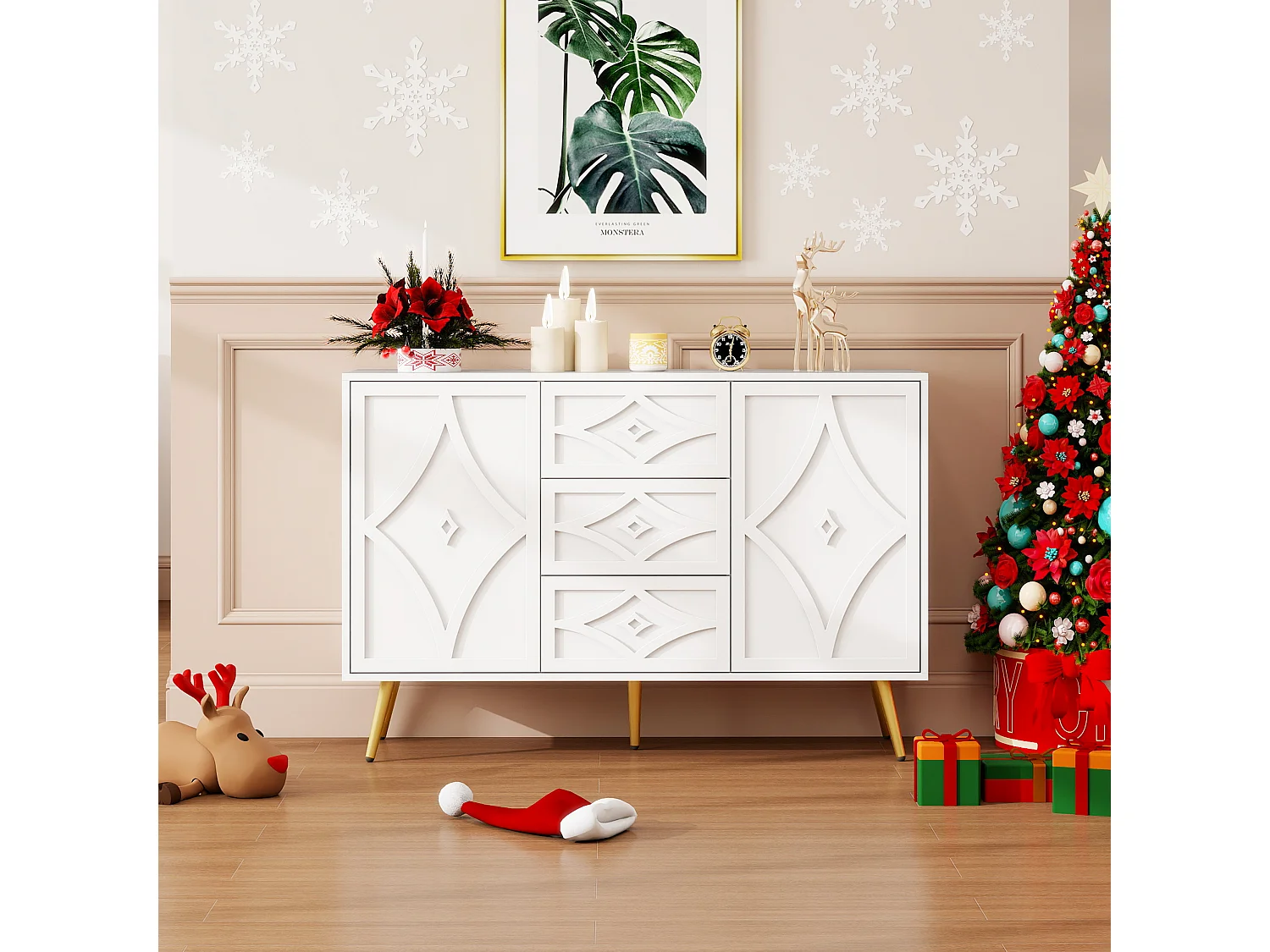 Aparador elegante branco, 120 x 40 x 80 cm, 3 gavetas, 2 portas, pés dourados, padrão diamante.