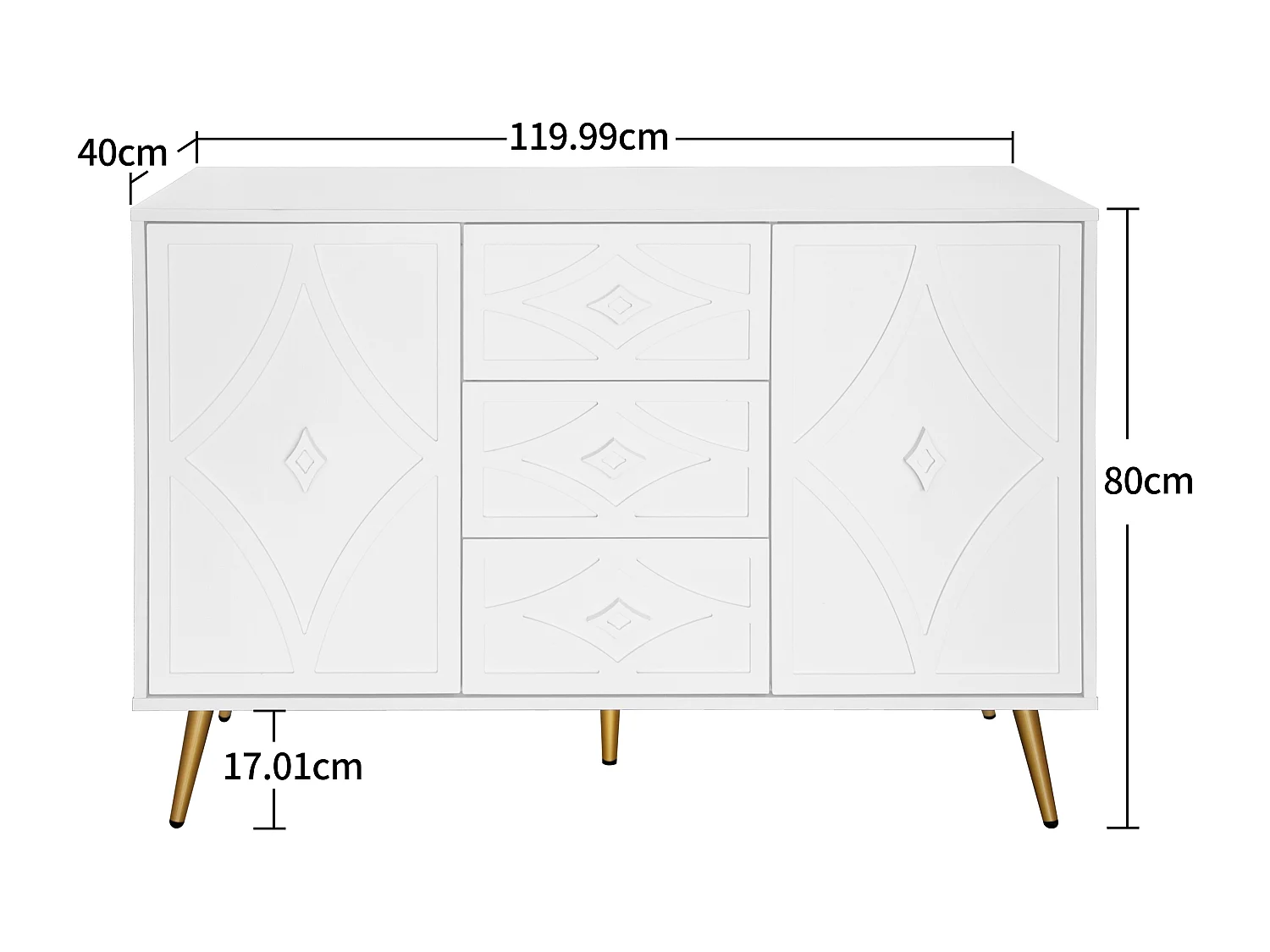 Aparador elegante branco, 120 x 40 x 80 cm, 3 gavetas, 2 portas, pés dourados, padrão diamante.