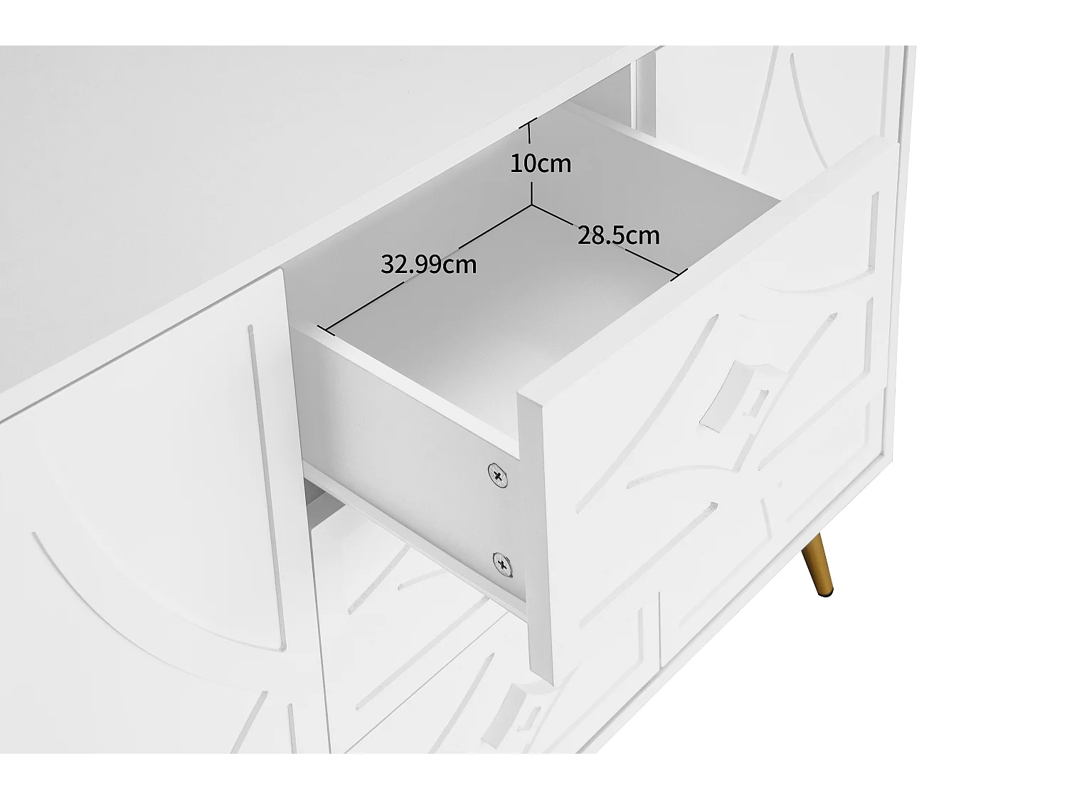 Aparador elegante branco, 120 x 40 x 80 cm, 3 gavetas, 2 portas, pés dourados, padrão diamante.