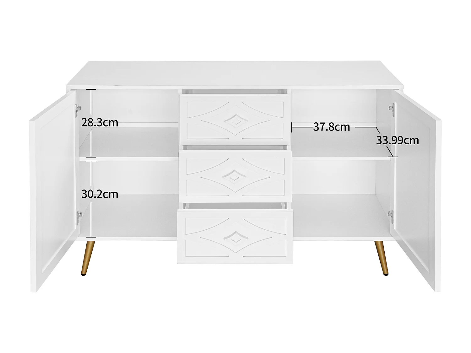 Aparador elegante branco, 120 x 40 x 80 cm, 3 gavetas, 2 portas, pés dourados, padrão diamante.