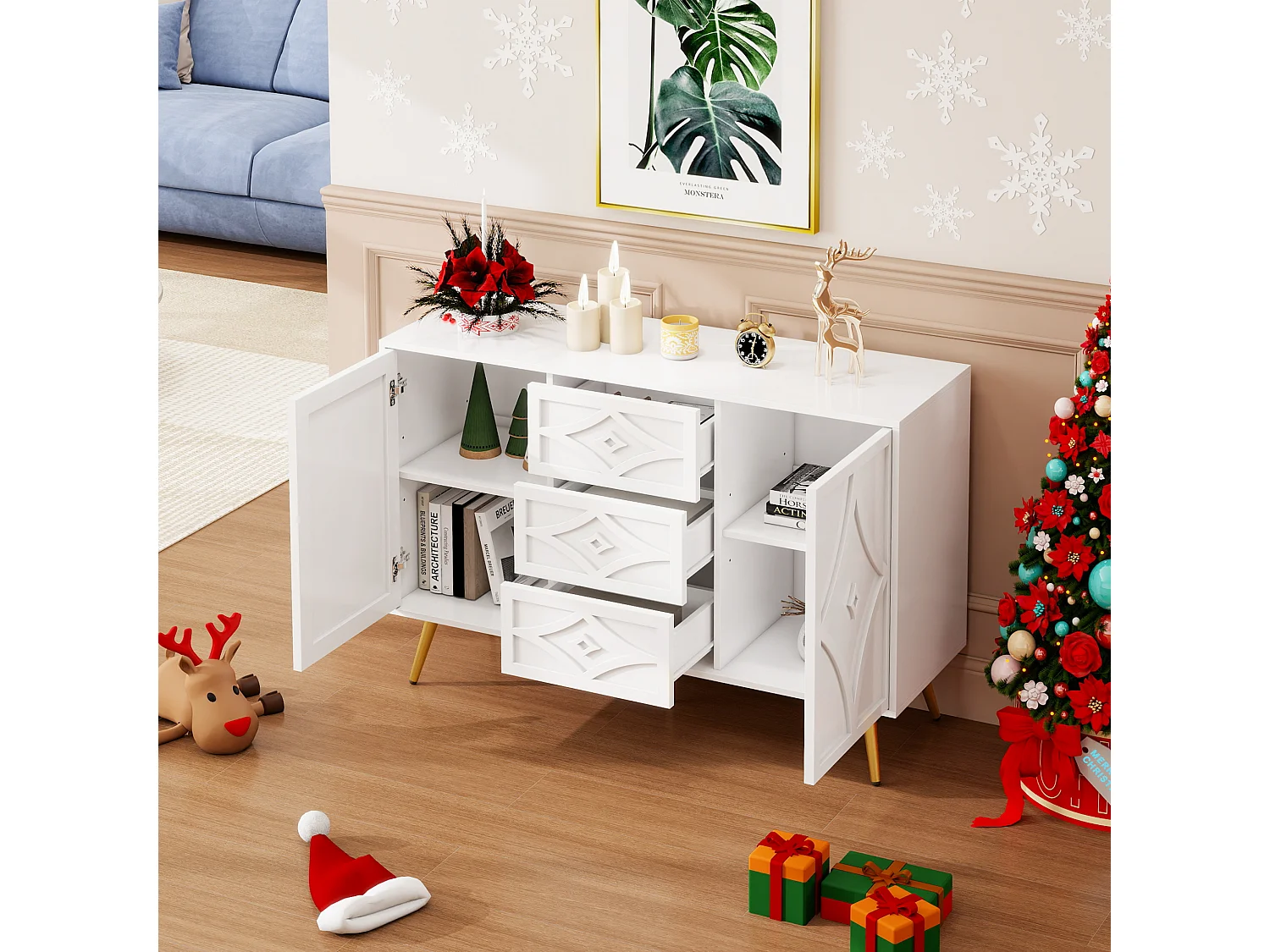 Aparador elegante branco, 120 x 40 x 80 cm, 3 gavetas, 2 portas, pés dourados, padrão diamante.