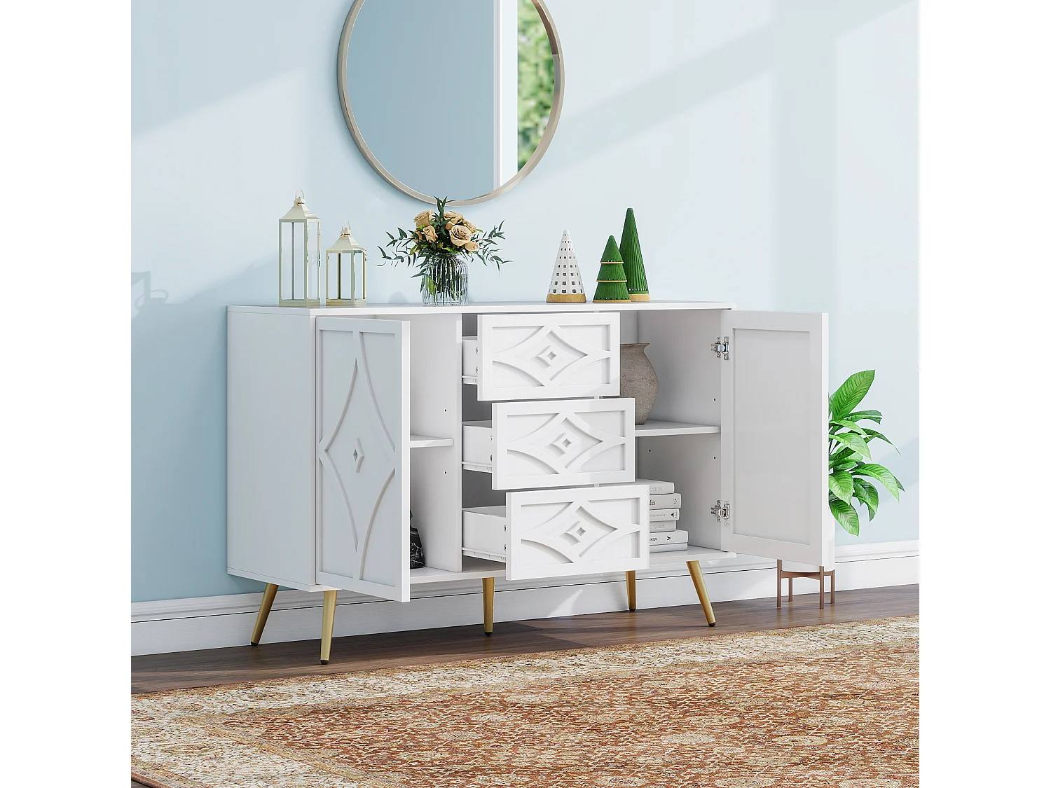 Aparador elegante branco, 120 x 40 x 80 cm, 3 gavetas, 2 portas, pés dourados, padrão diamante.