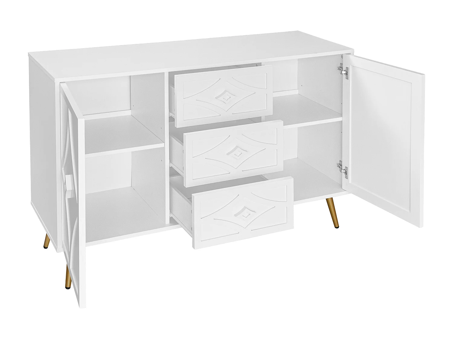 Aparador elegante branco, 120 x 40 x 80 cm, 3 gavetas, 2 portas, pés dourados, padrão diamante.