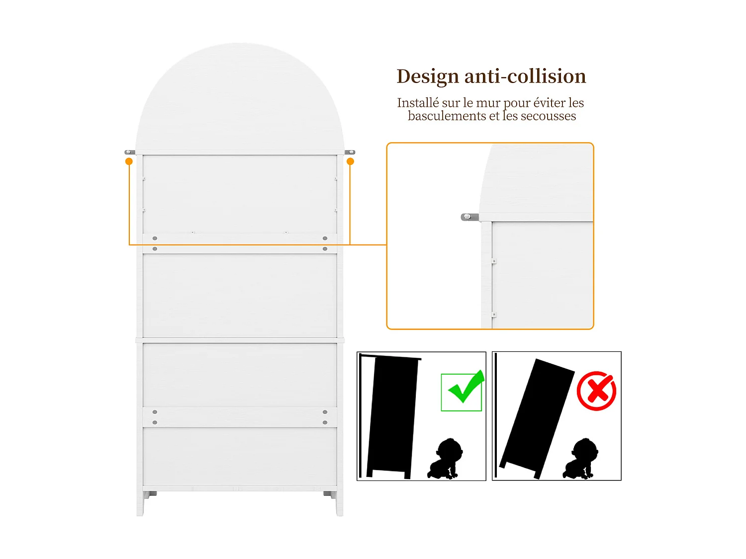 Aparador alto com portas e gavetas, prateleiras arqueadas abertas, branco, móvel para cozinha ou sala de estar.