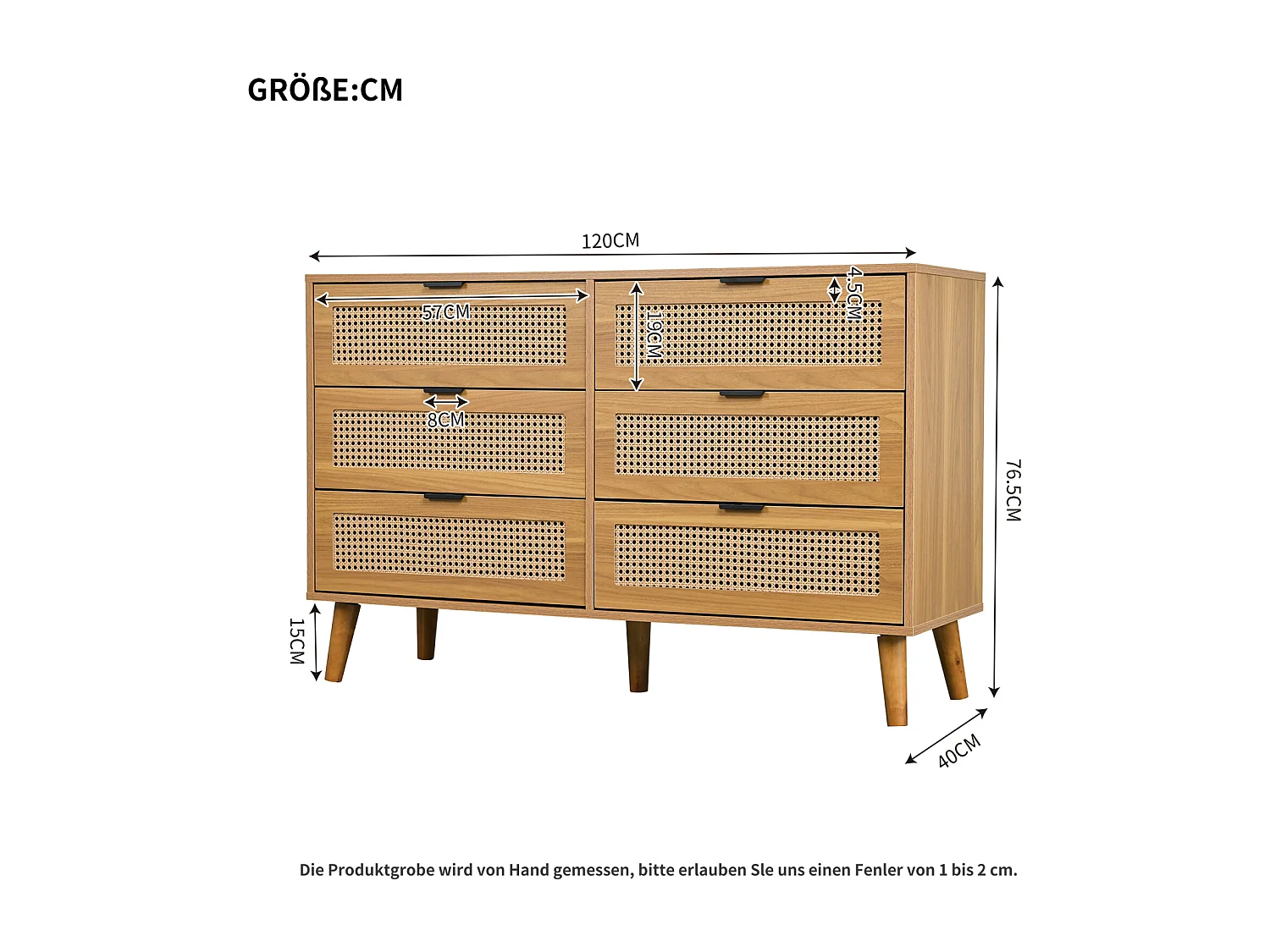 Rotan dressoir met 6 lades - met metalen handgrepen - Voor keuken, eetkamer, woonkamer - Walnoot