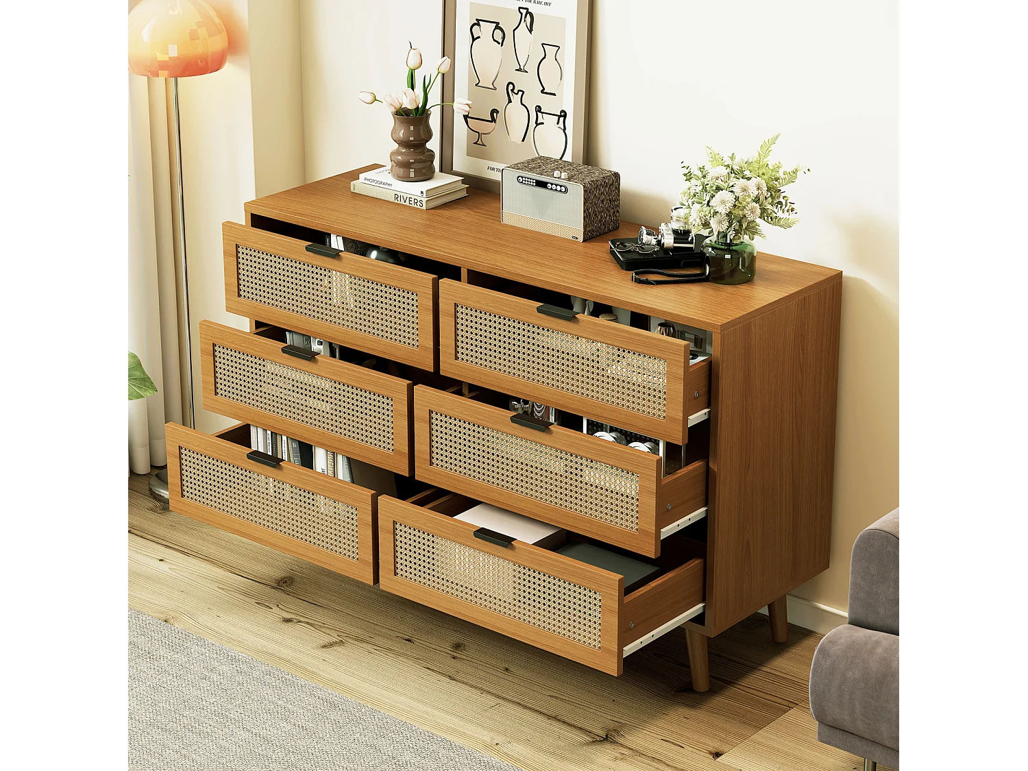 Rotan dressoir met 6 lades - met metalen handgrepen - Voor keuken, eetkamer, woonkamer - Walnoot