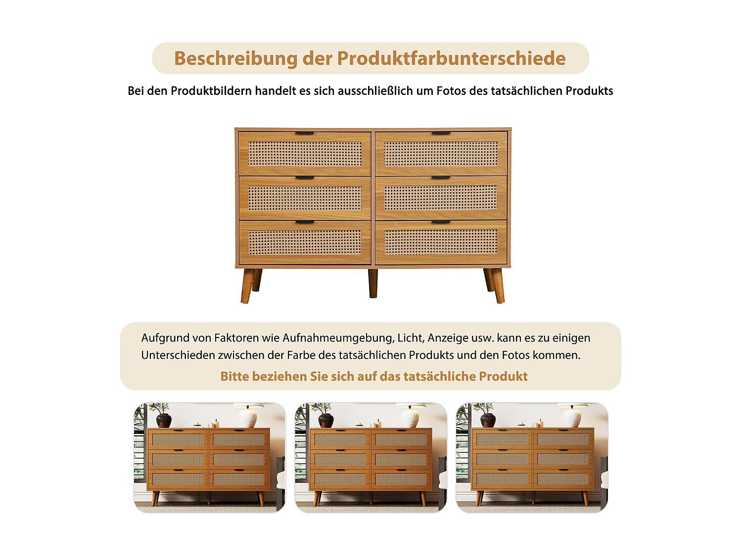 Credenza in rattan con 6 cassetti - con maniglie in metallo - Per cucina, sala da pranzo, soggiorno - Noce