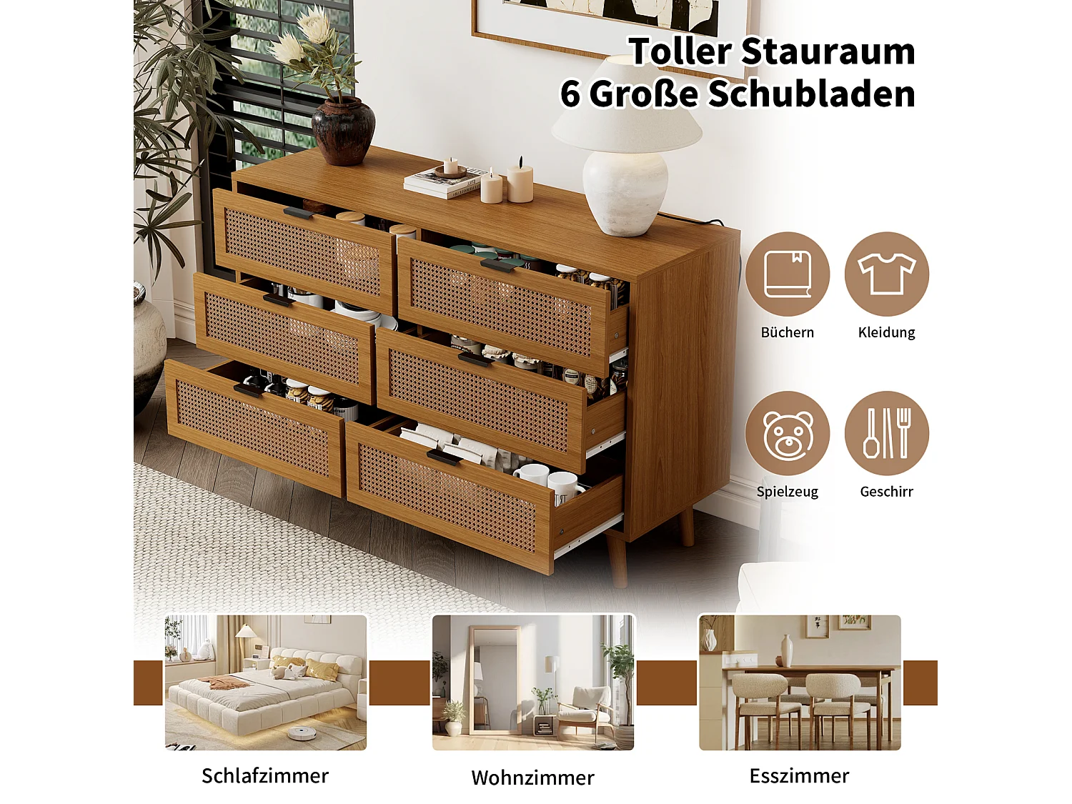 Credenza in rattan con 6 cassetti - con maniglie in metallo - Per cucina, sala da pranzo, soggiorno - Noce
