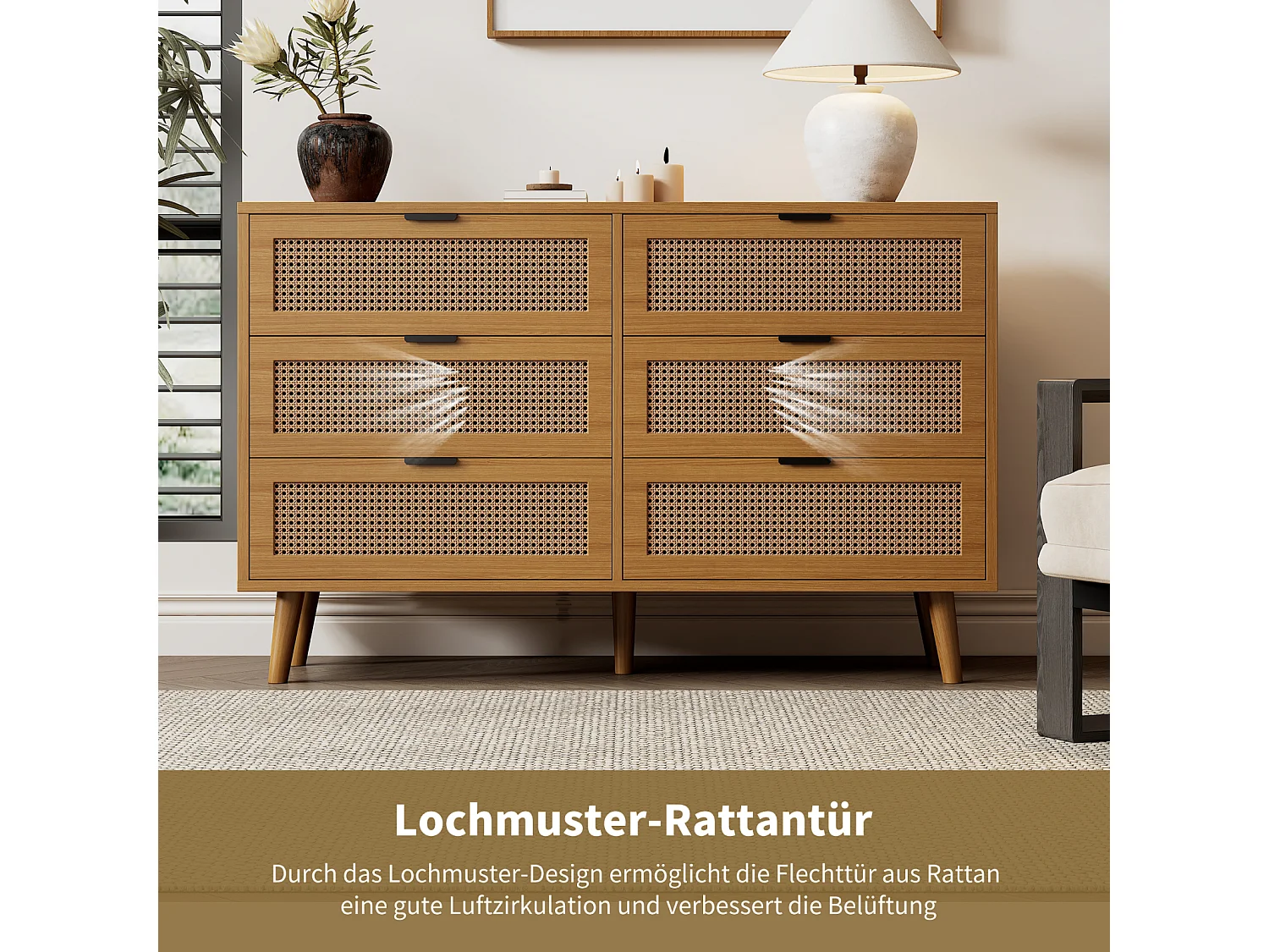 Credenza in rattan con 6 cassetti - con maniglie in metallo - Per cucina, sala da pranzo, soggiorno - Noce
