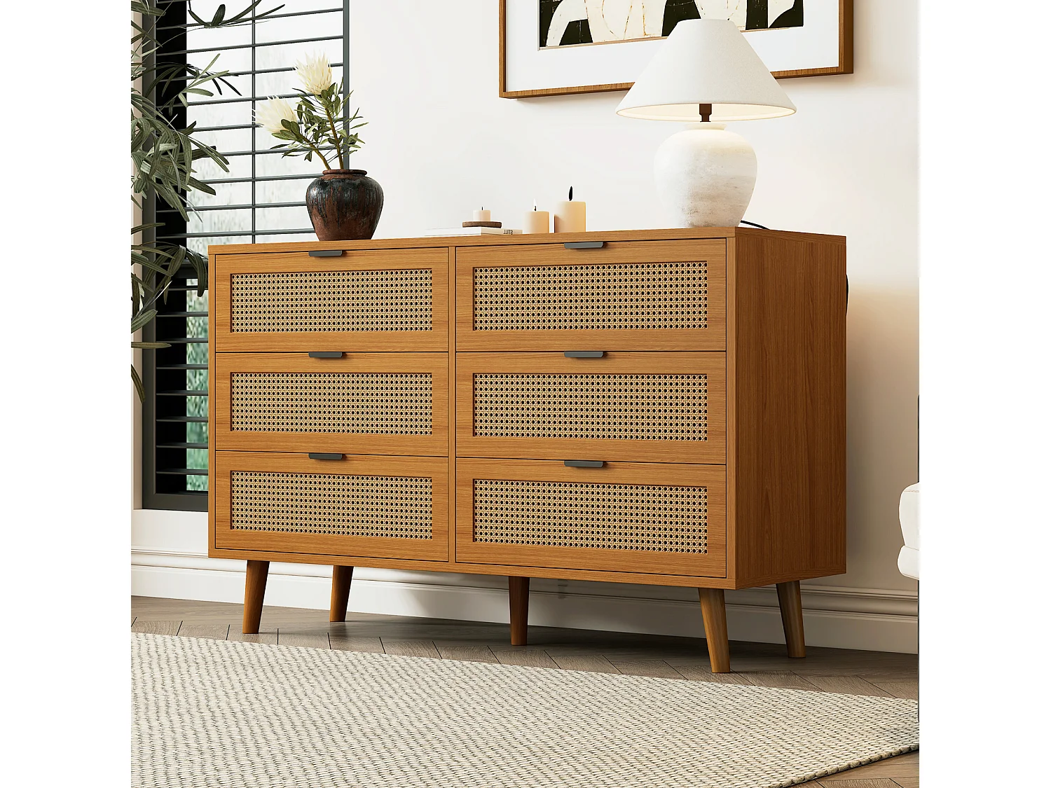 Credenza in rattan con 6 cassetti - con maniglie in metallo - Per cucina, sala da pranzo, soggiorno - Noce