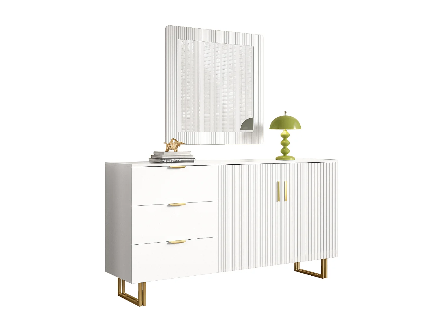 Ensemble miroir et buffet, miroir mural carré 80 x 80 cm et buffet avec 3 tiroirs et 2 portes