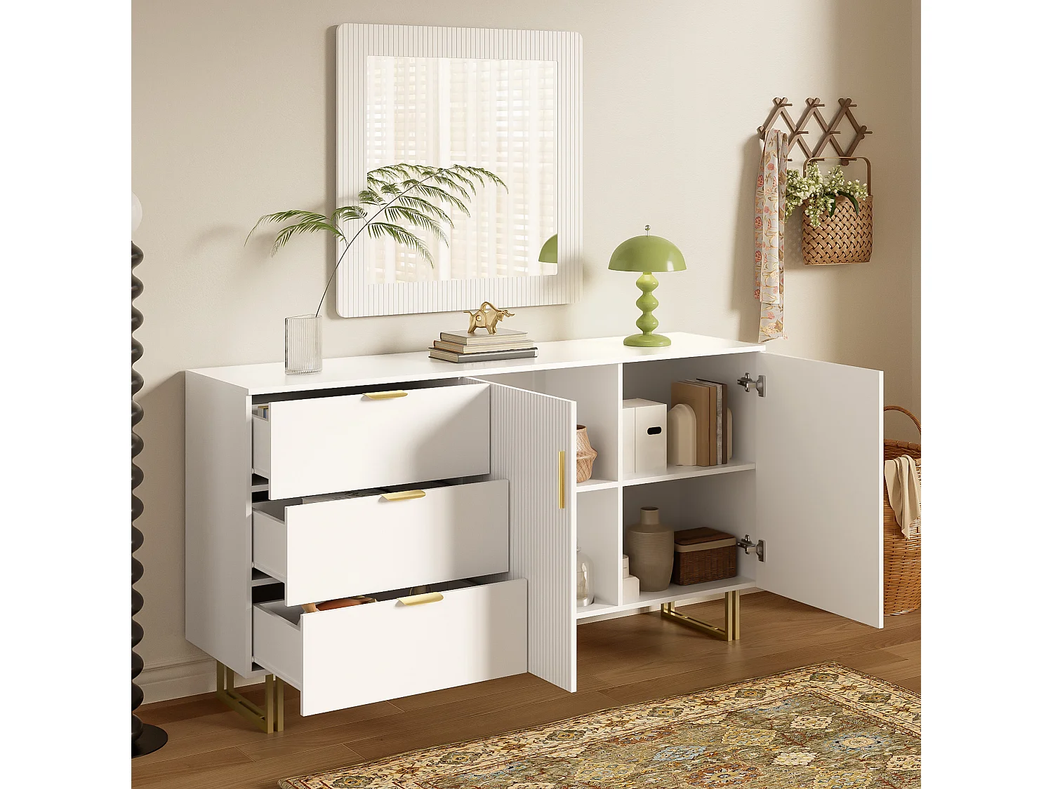 Ensemble miroir et buffet, miroir mural carré 80 x 80 cm et buffet avec 3 tiroirs et 2 portes