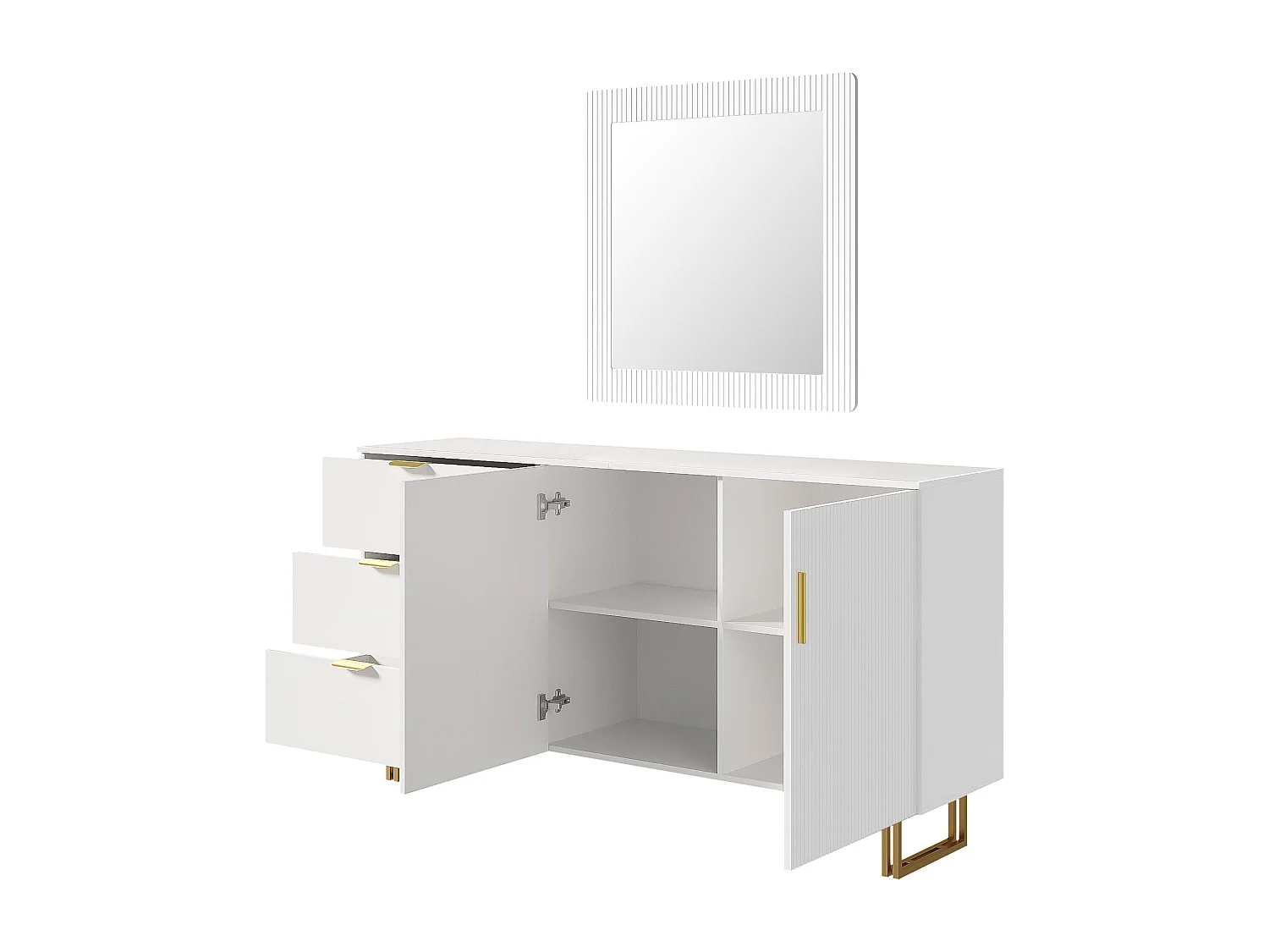 Ensemble miroir et buffet, miroir mural carré 80 x 80 cm et buffet avec 3 tiroirs et 2 portes