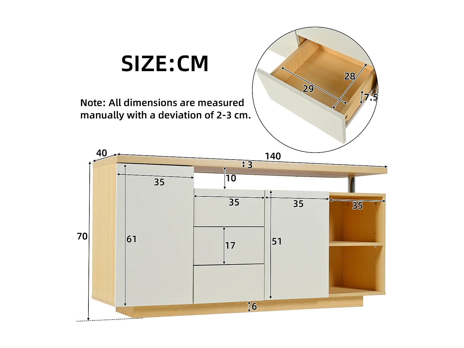 Buffet de cuisine - Commode en bois - Armoire buffet - Armoire de salon - avec LED, 140x40x70, Blanc