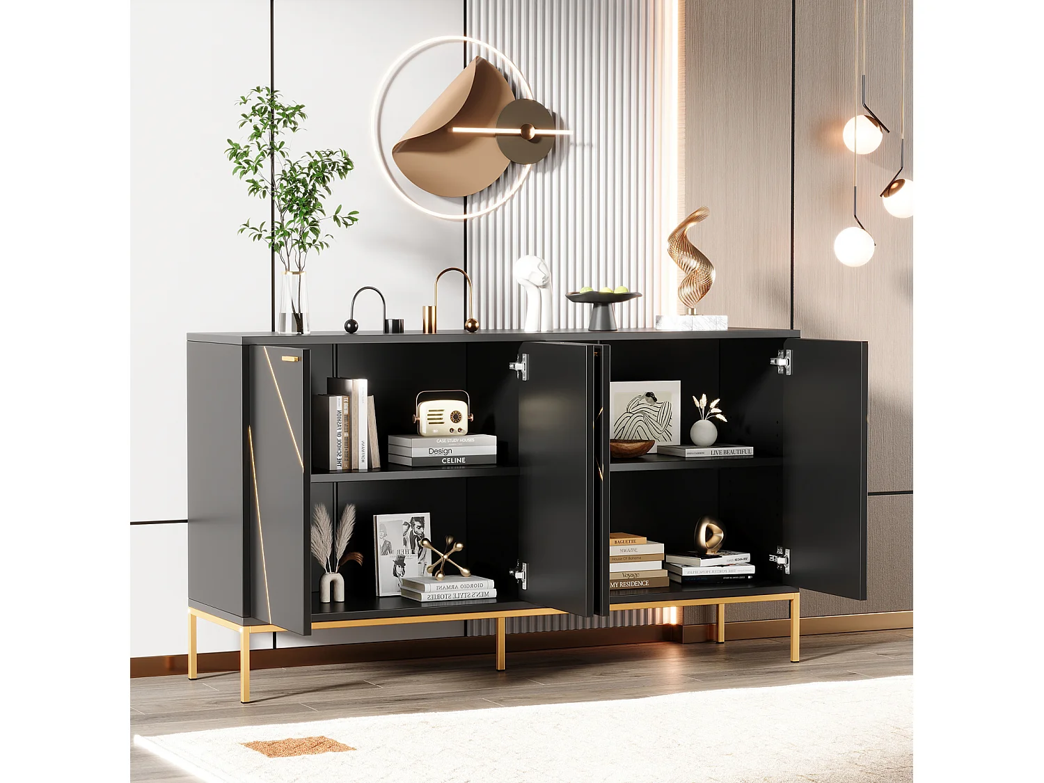 Dressoir 150 x 40 x 80 cm met gouden metalen handgrepen en poten voor woonkamer en eetkamer, Zwart