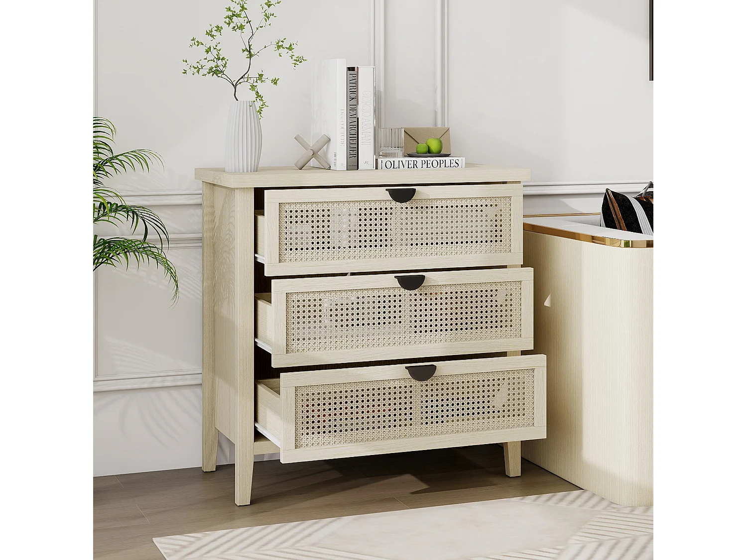 Credenza in legno naturale da 80 cm, 3 cassetti con frontali in rattan, soggiorno/camera da letto/ufficio