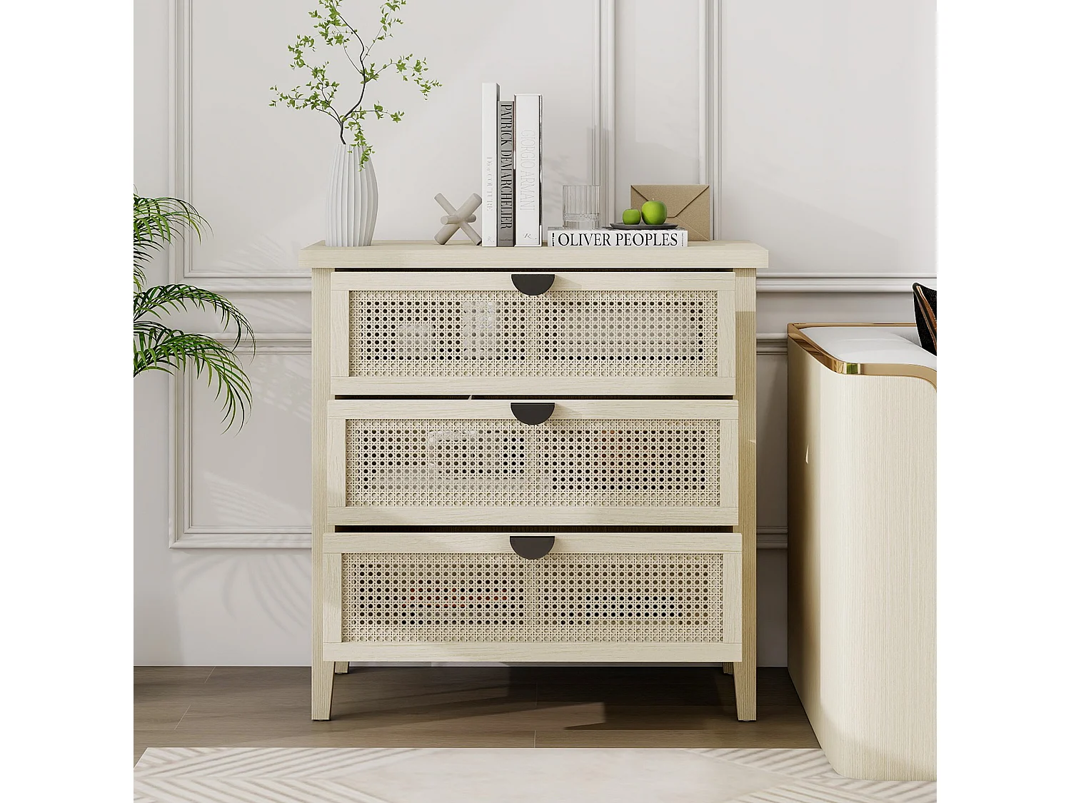 Credenza in legno naturale da 80 cm, 3 cassetti con frontali in rattan, soggiorno/camera da letto/ufficio