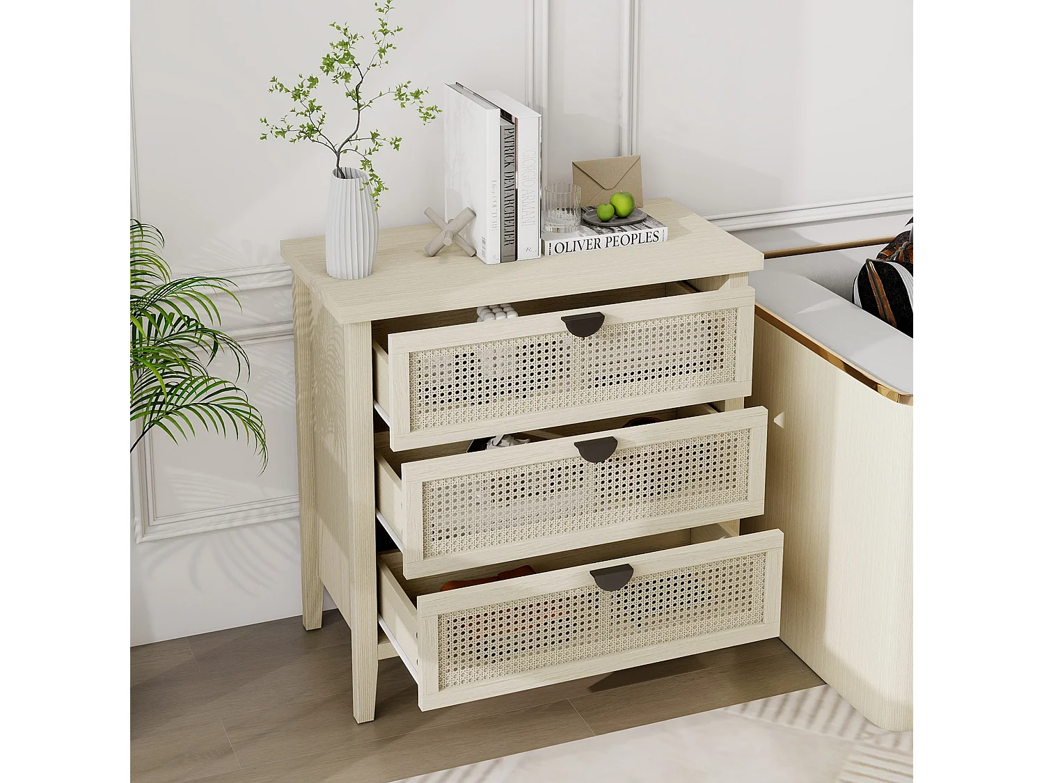 Credenza in legno naturale da 80 cm, 3 cassetti con frontali in rattan, soggiorno/camera da letto/ufficio