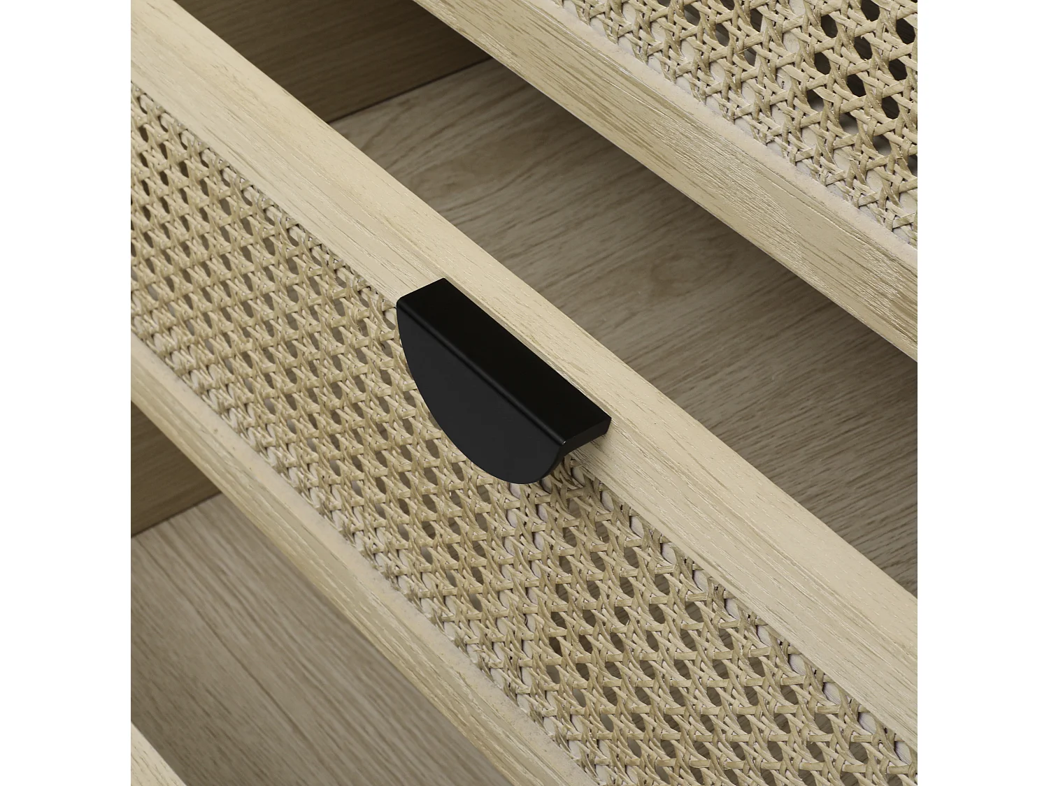 Credenza in legno naturale da 80 cm, 3 cassetti con frontali in rattan, soggiorno/camera da letto/ufficio