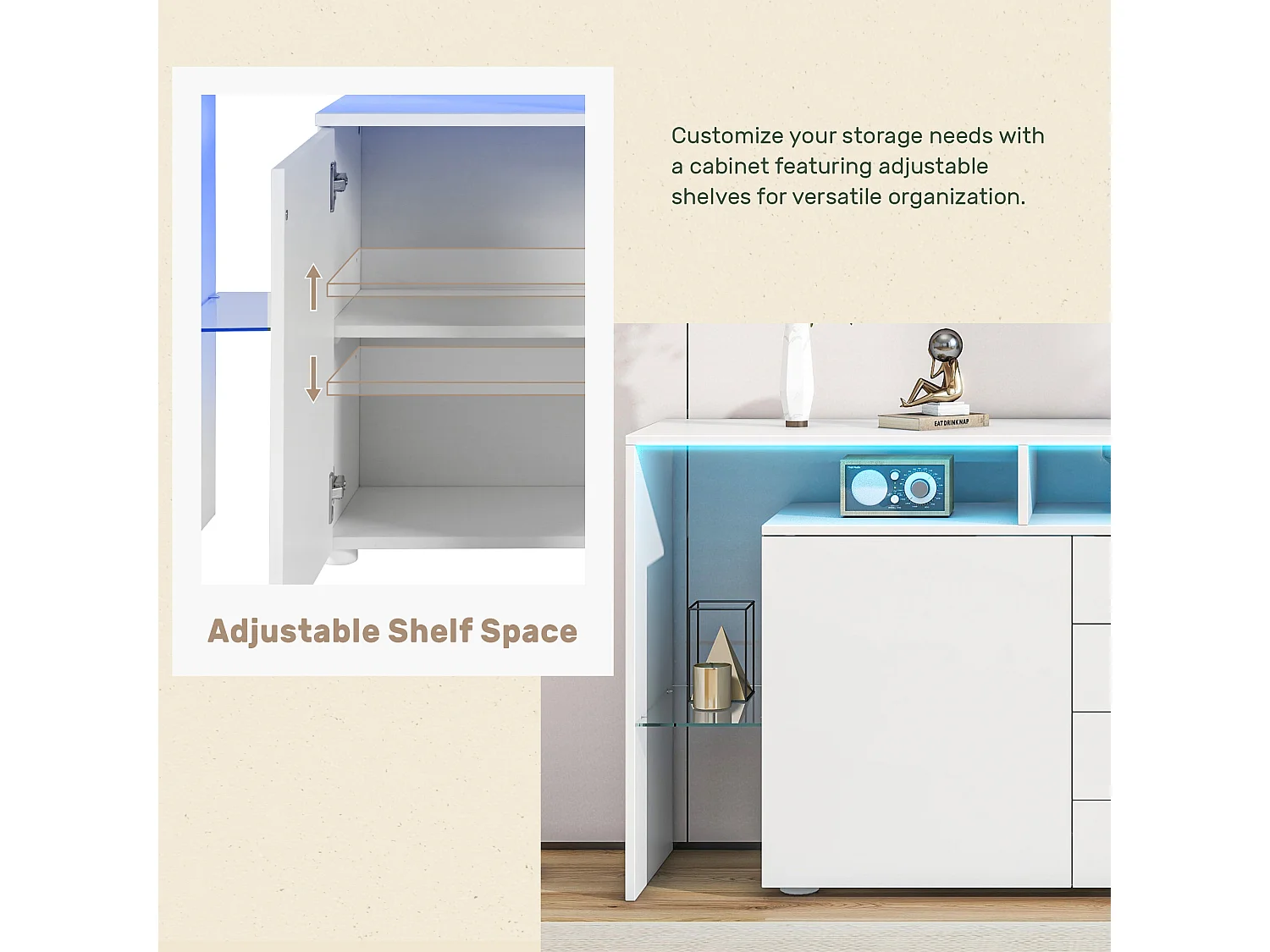 Hoogglans wit dressoir met ledverlichting, multifunctioneel woonkamermeubel, tv en opbergruimte, 160 * 35 * 70 cm